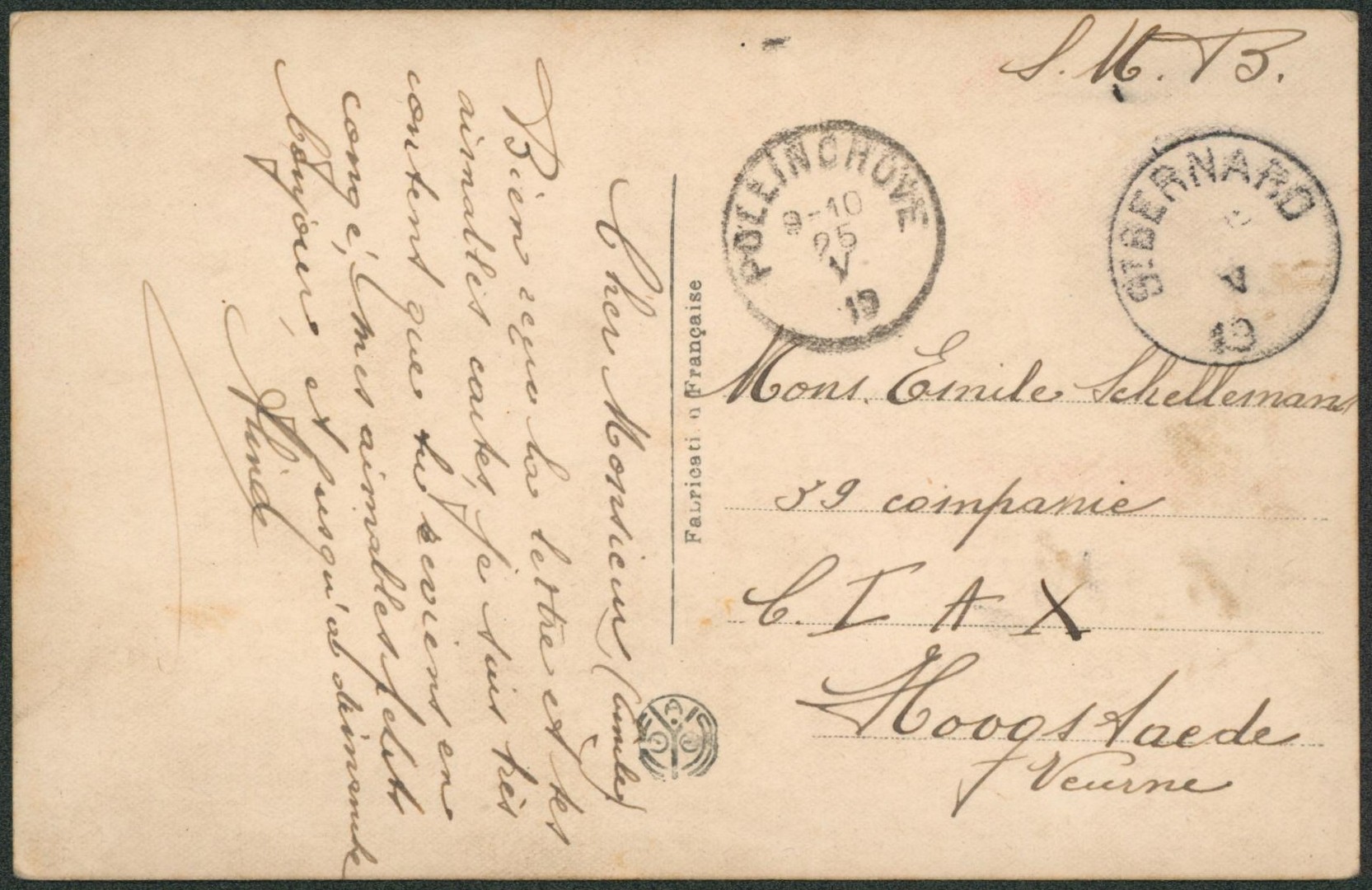 CP en S.M.B. expédié de St-Bernard çàd cachet de fortune > Veurne + cachet Pollinchove. 