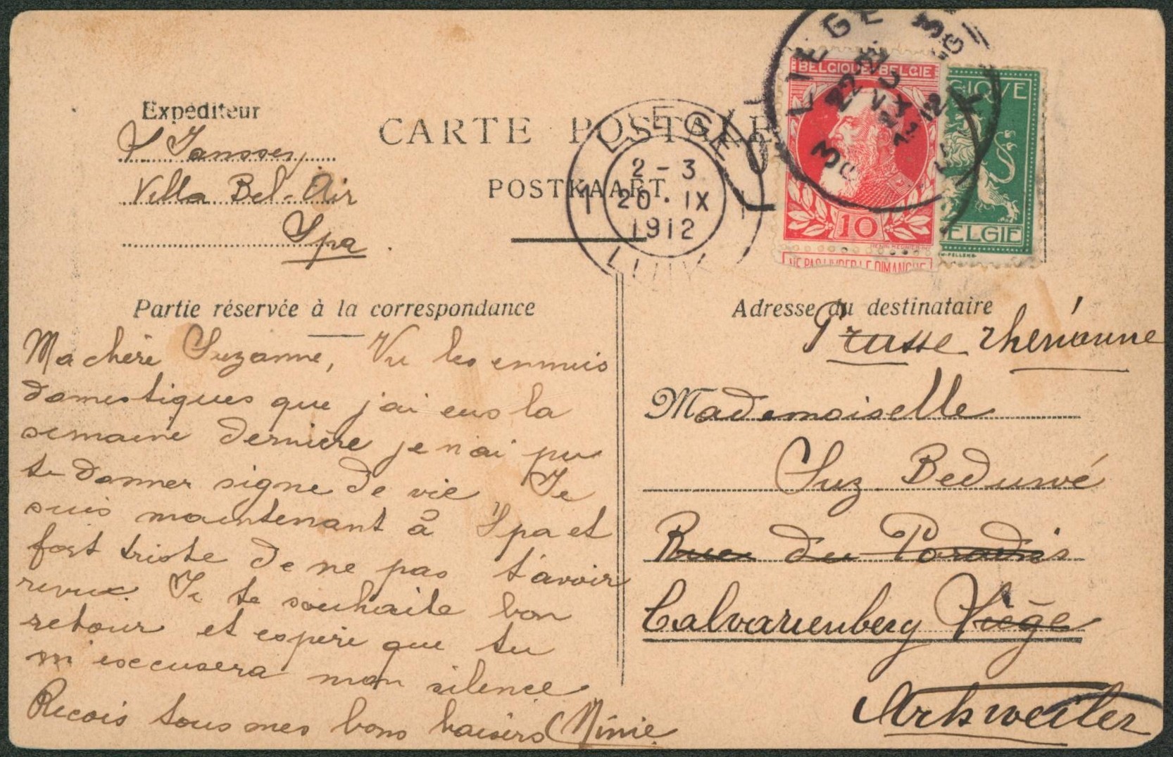 n°110 sur CP expédié de Spa > Liège réexpédié par n°74 de Liège > Prusse Rhénanne.  Belle combinaison. 