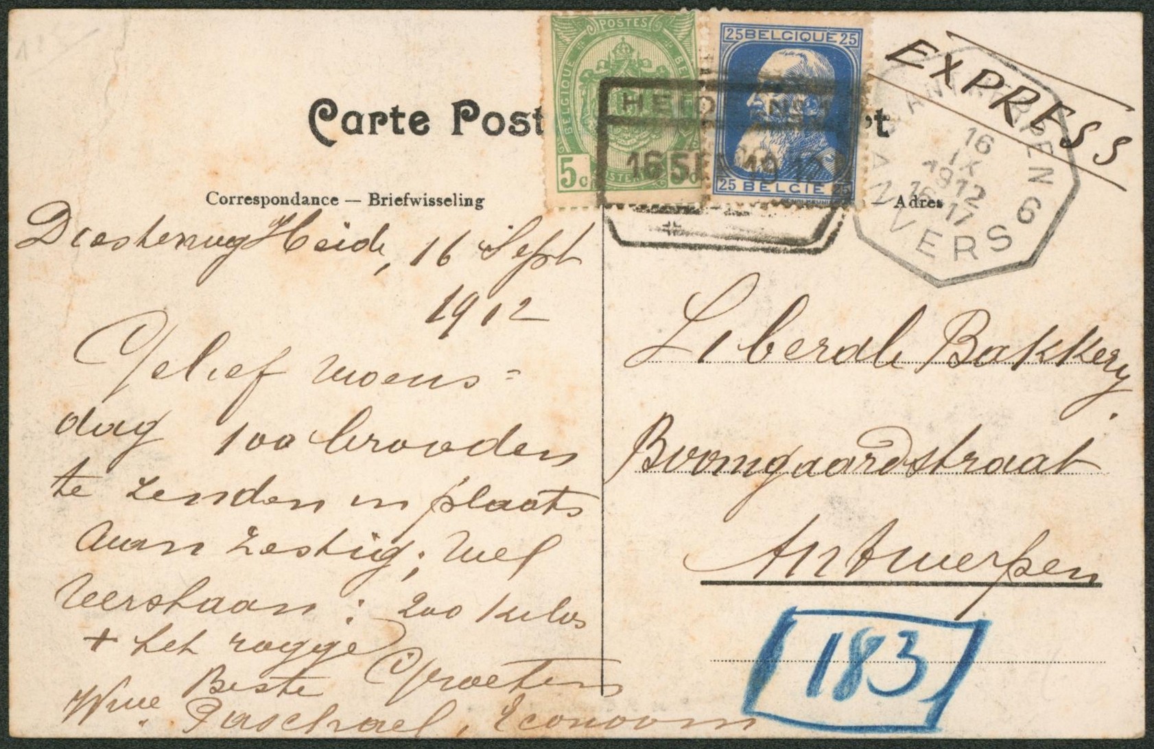 n°76 et 83 sur CP en expres obl chemin de fer "Heide n°1" > Antwerpen çàd arrivée télégraphique. "