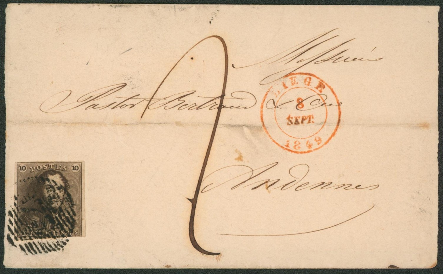 n°1 touché sur DEVANT obl P73 çàd Liège (8/09) + taxe manuscrite "2" > Andennes"