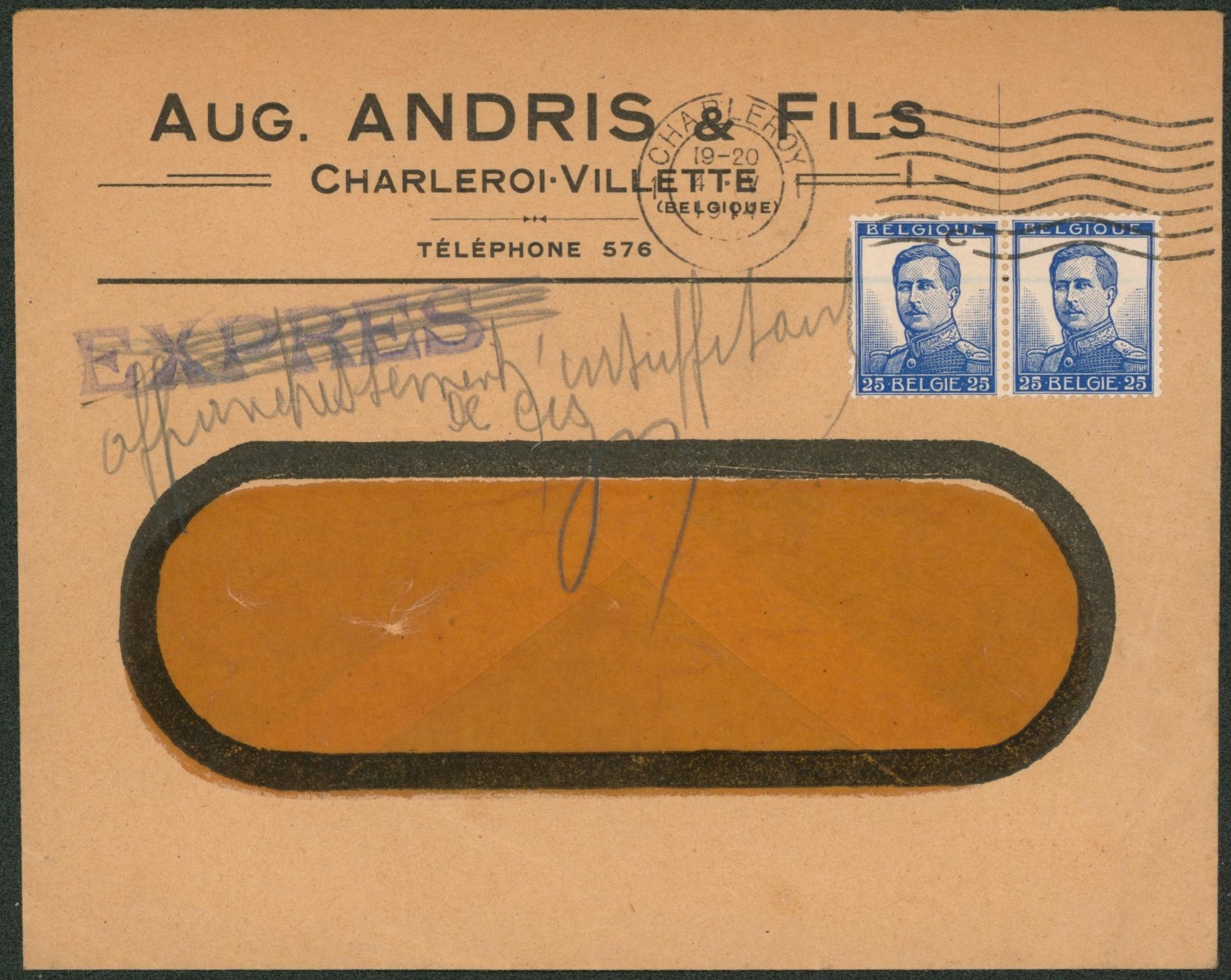 Pellens - 25ctm bleu en paire sur lettre à en-tête obl mécanique Charleroy en expres griffe biffée (affranchissement insuffisant) > Fenêtre