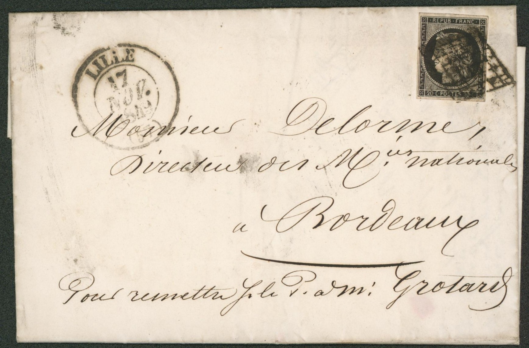 France - Yv n°3 (noir sur blanc) sur LAC obl grille + cachet dateur "Lille" > Bordeaux. "