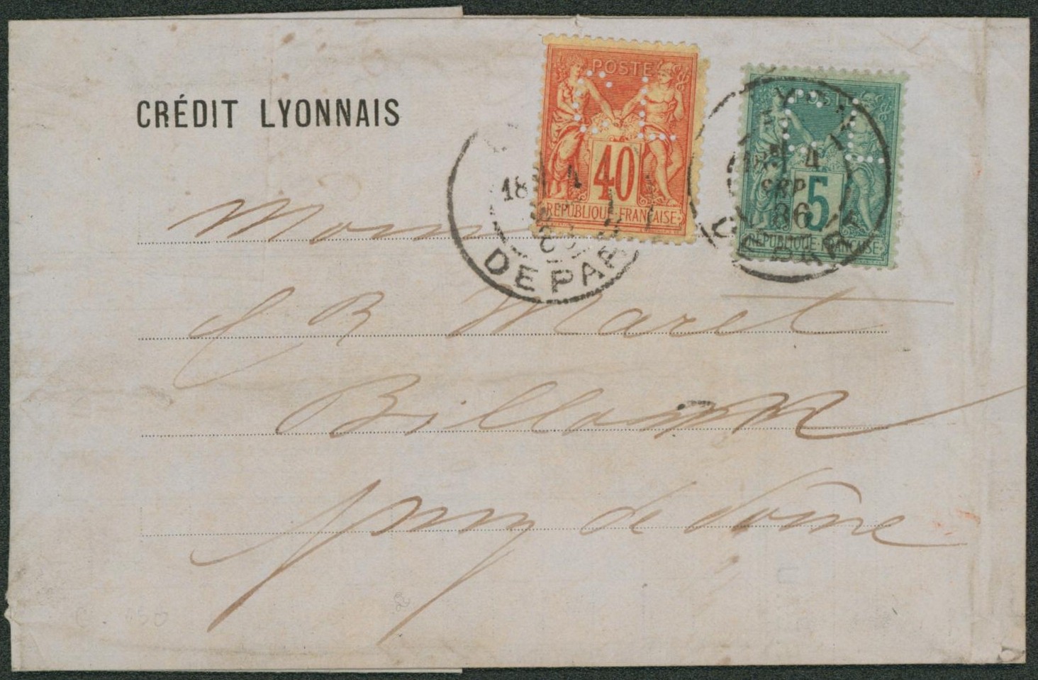 Type sage 5ctm + 40ctm sur LAC perforation de firme "C.L." (crédit lyonnais) expédié de Lyon / Départ > Billon "