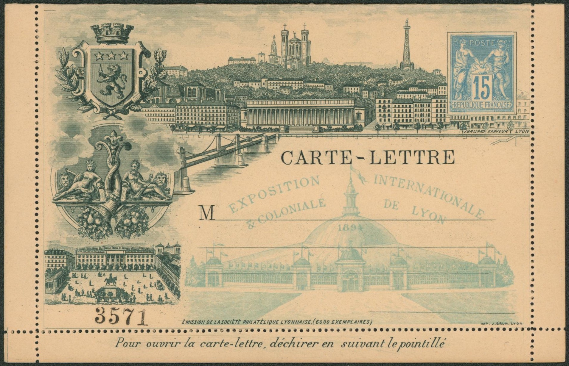 France - EP au type cart-lettre commémorative 15ctm bleu type sage EXPOSITION INTERNATIONAL & COLONIALE DE LYON 1894. Neuf, TB état (piquage A)
