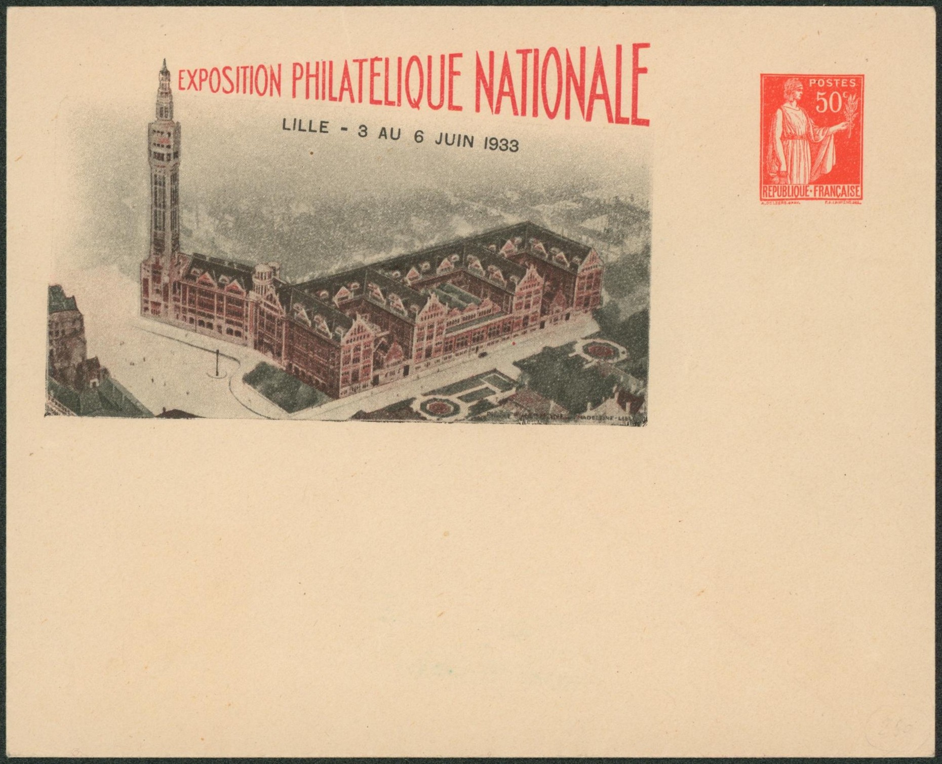France - EP au type lettre illustrée 50ctm rouge type Paix Exposition philatélique nationale de Lille 3 au 6 juin 1933