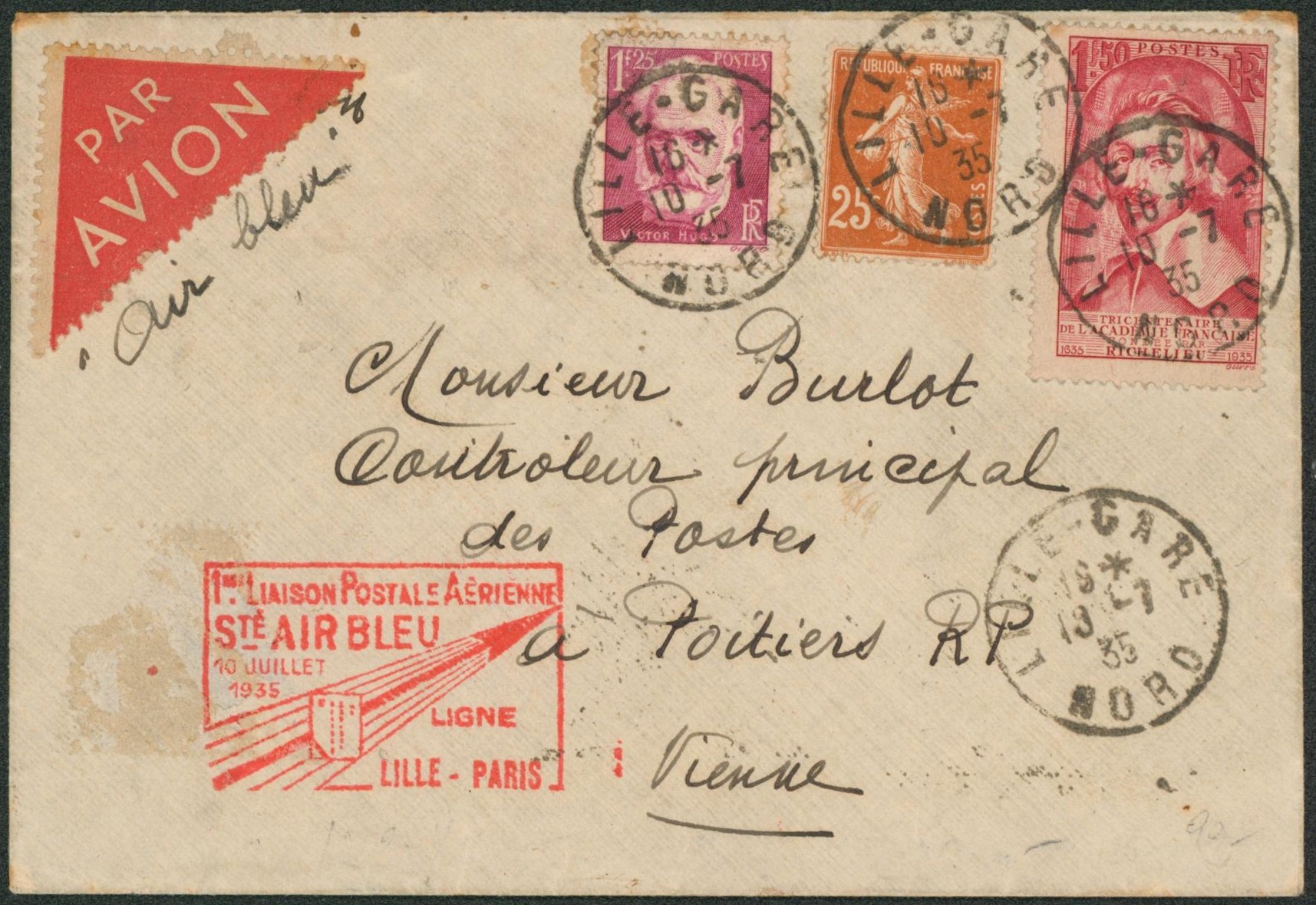 France - Affranch. Tricolore mixte7 sur lettre par avion 1er liaison postale aérienne Sté Air Bleu Lille-Paris 10 juillet 1935