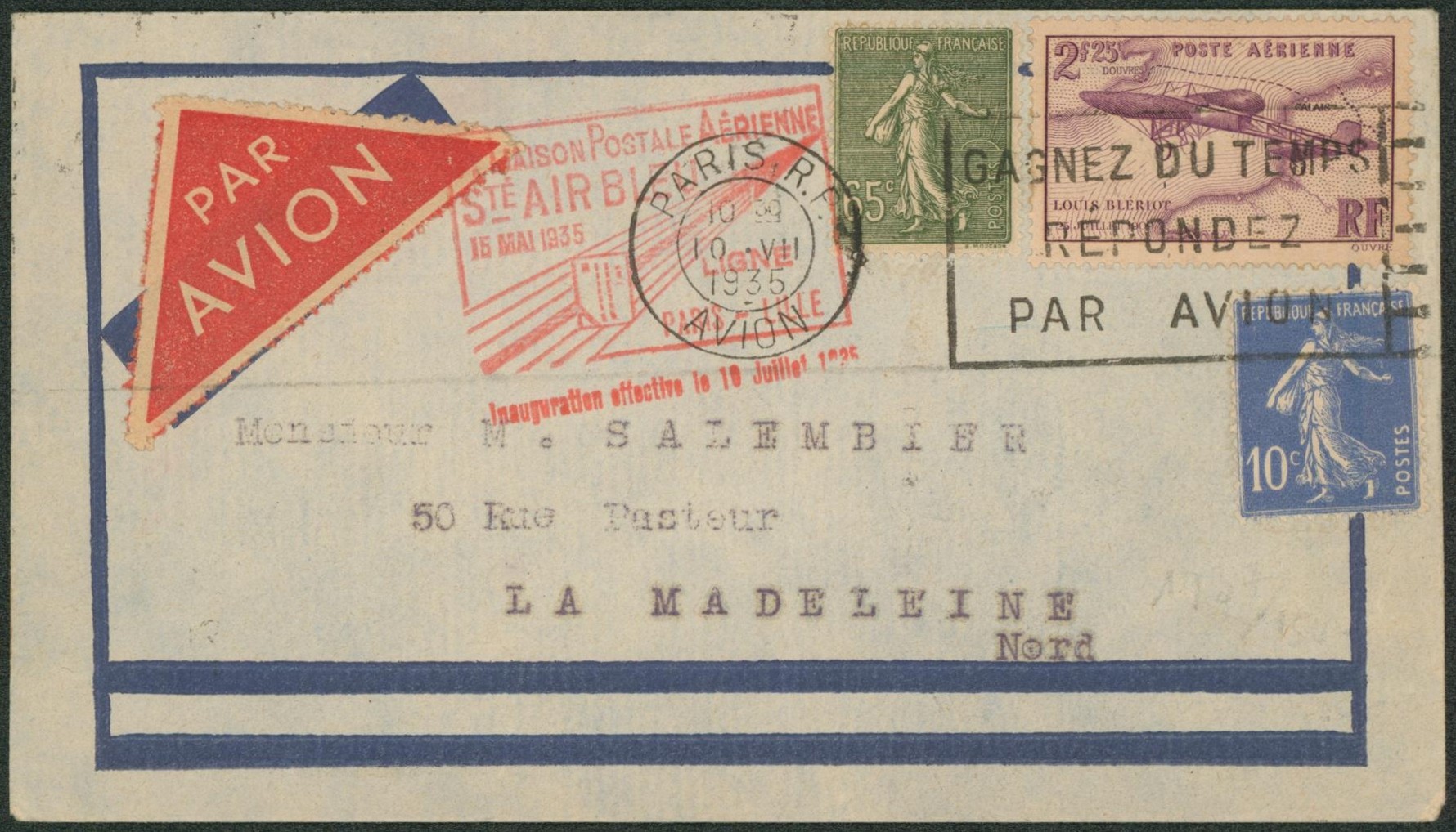 Yv n°234, 279 et PA7 sur lettre par avion 1er liaison postale aérienne Sté Air Bleu Paris-Lille 10 juillet 1935 çàd La madelaine (Nord). 