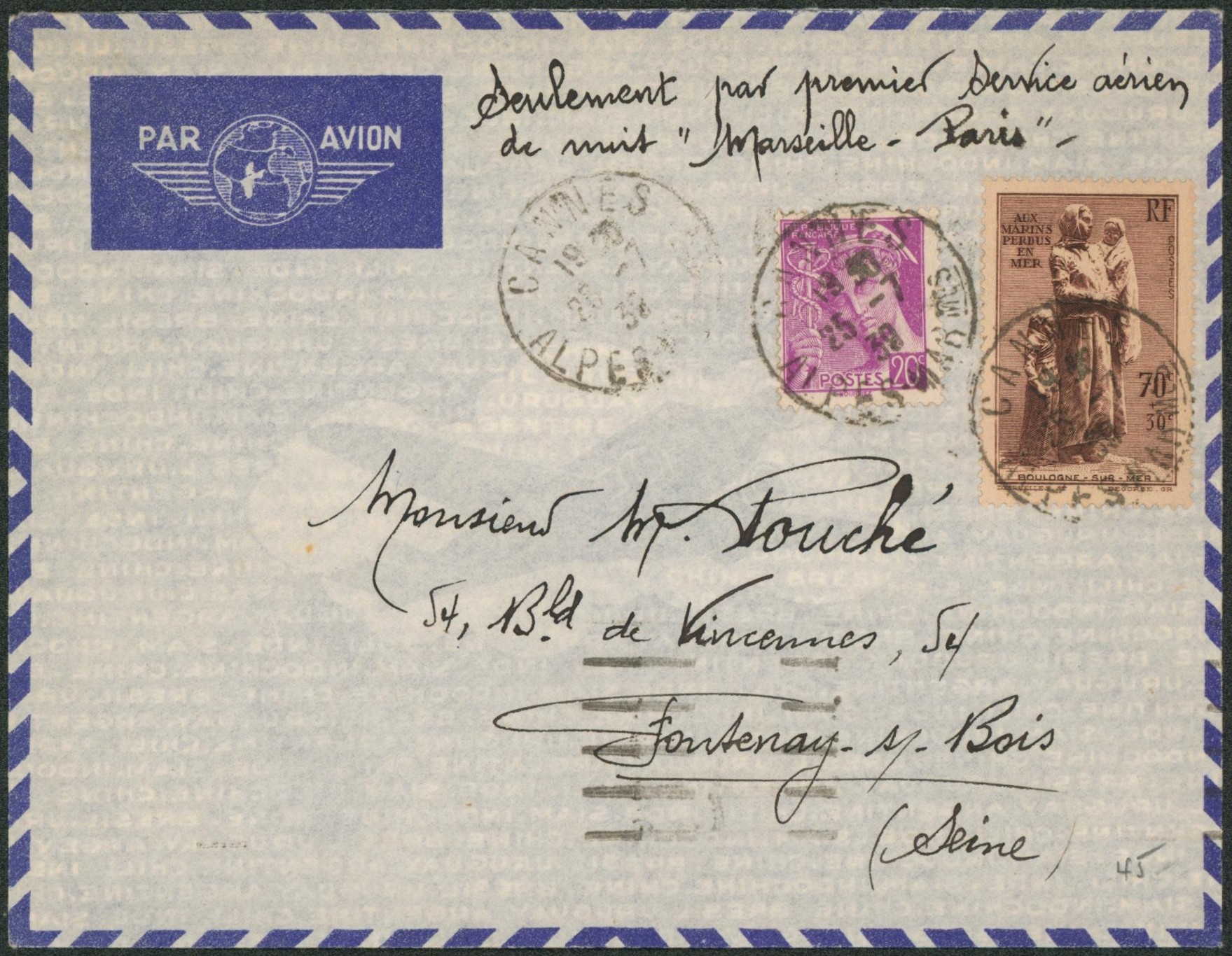Yv n°410 et 447 sur lettre par avion + Manuscrit "Seulement par premier service aérien de nuit Marseille-Paris" de Cannes > Fontenau-s-Bois. "