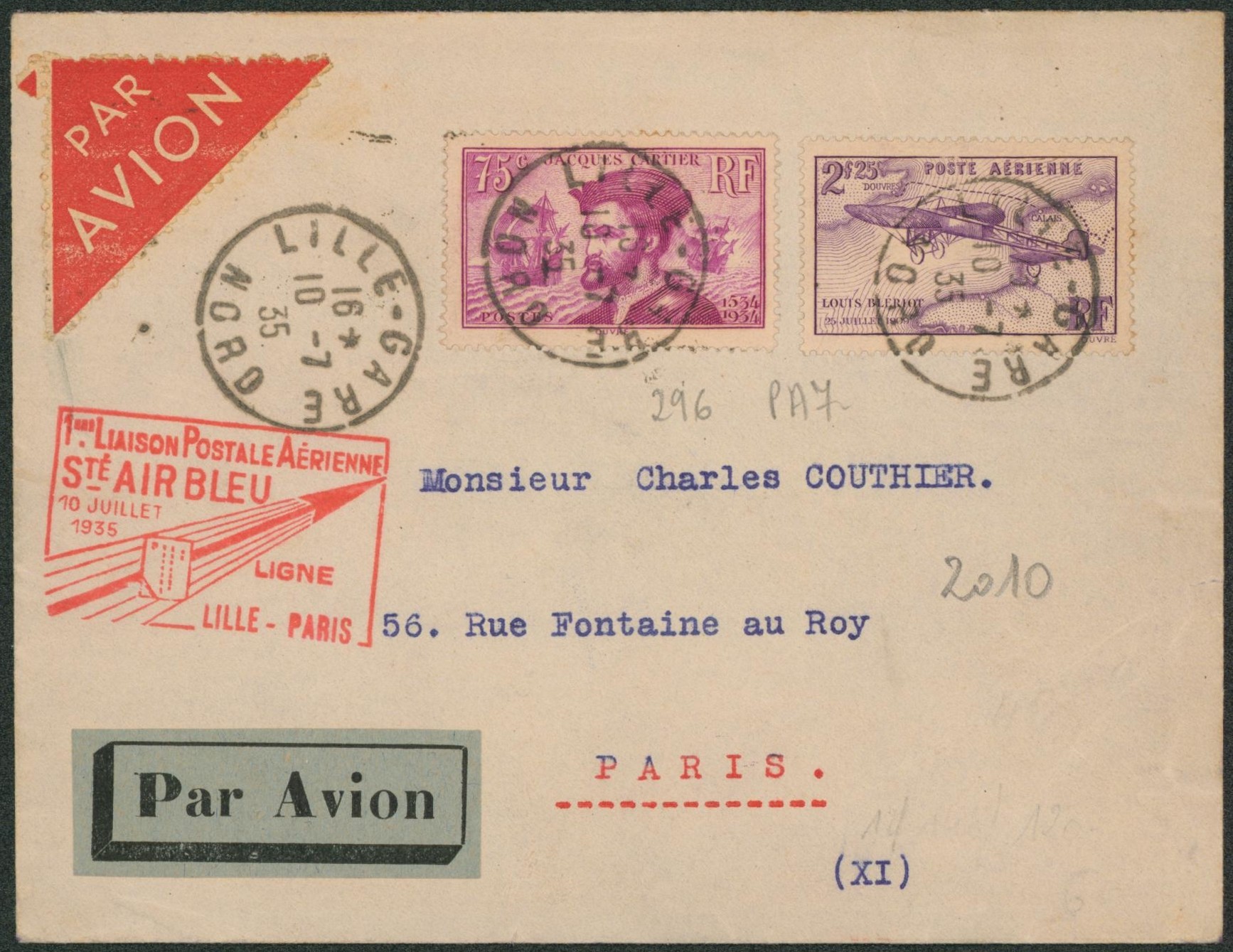Yv n°296 et PA7 sur lettre par avion 1er liaison postale aérienne Sté Air Bleu Lille-Paris 10 juillet 1935