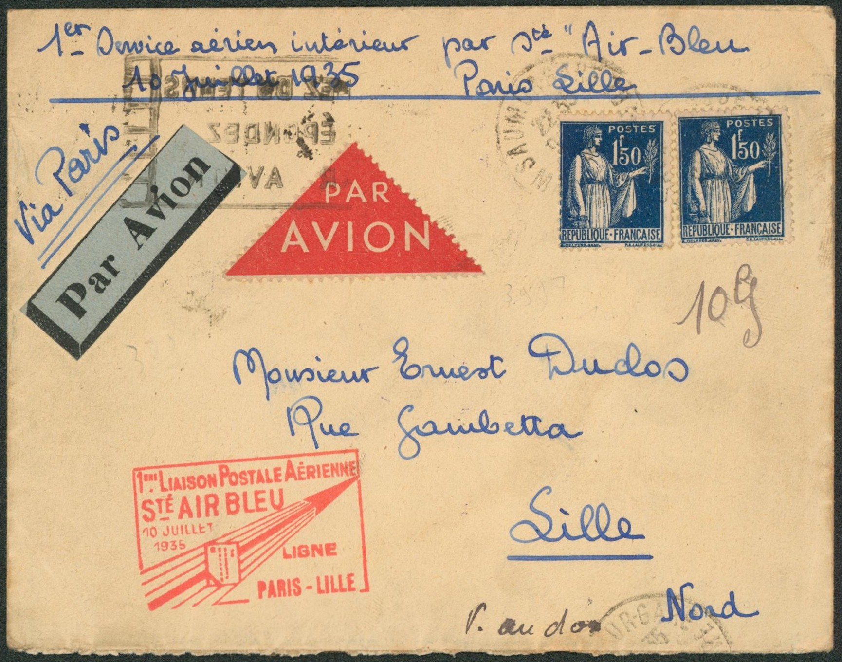 France - Type paix 1F50 x2 sur lettre par avion 1er liaison postale aérienne Sté Air Bleu Paris-Lille 10 juillet 1935. Verso manuscrit "Inconnu vue les 3 facteurs des postes""