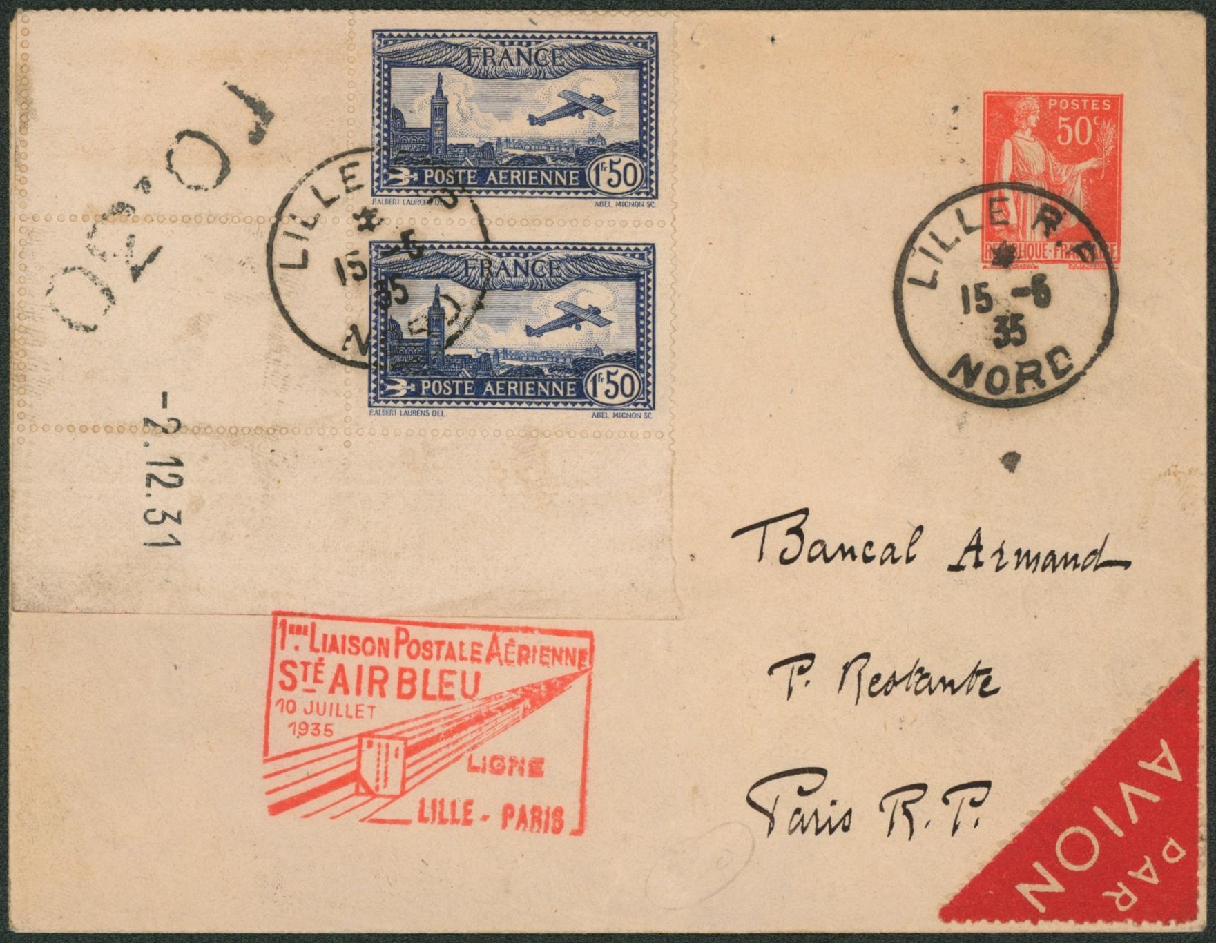 France - EP au type Enveloppe 50ctm type Paix + PA6 en paire verticale coin de feuille + coin daté par avion 1er liaison postale aérienne Sté Air Bleu Lille-Paris 10 juillet 1935. TB 