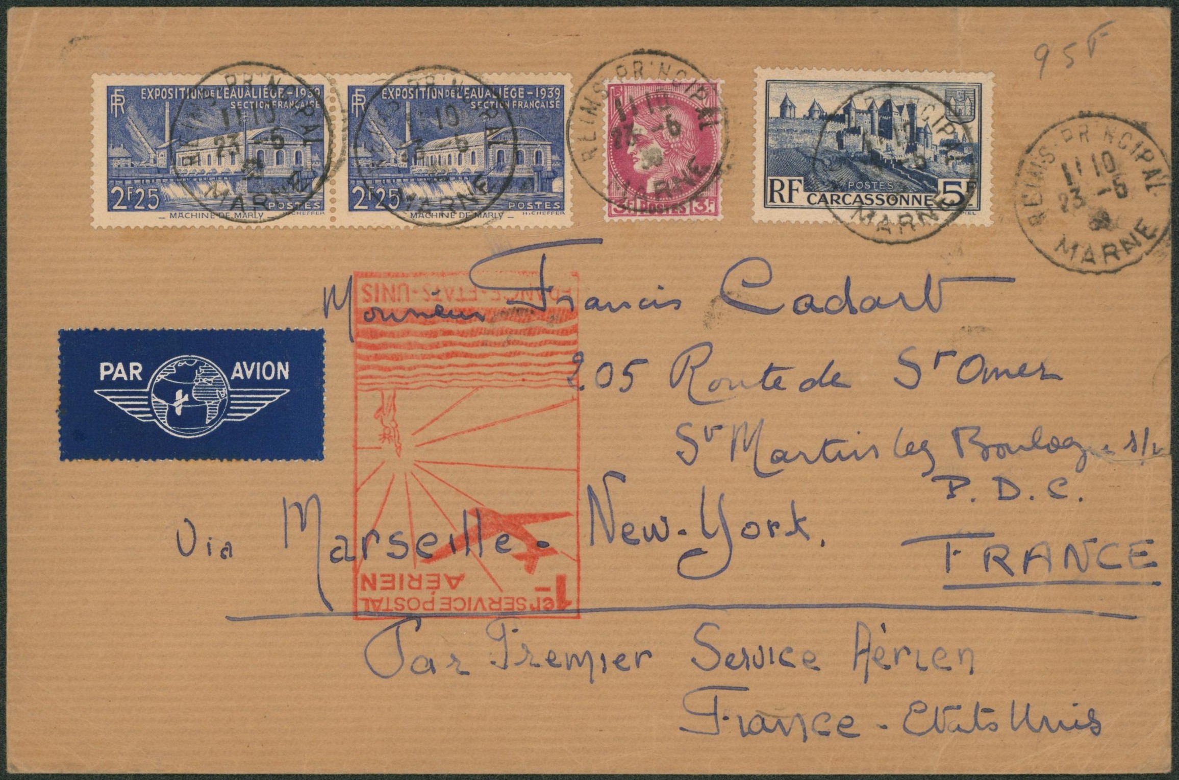 France - Bel affranchissement mixte sur grande enveloppe par avion "1er service postal aérien France - Etats-Unis" de Reims-Principal / Marne via Marseille > New-York. "
