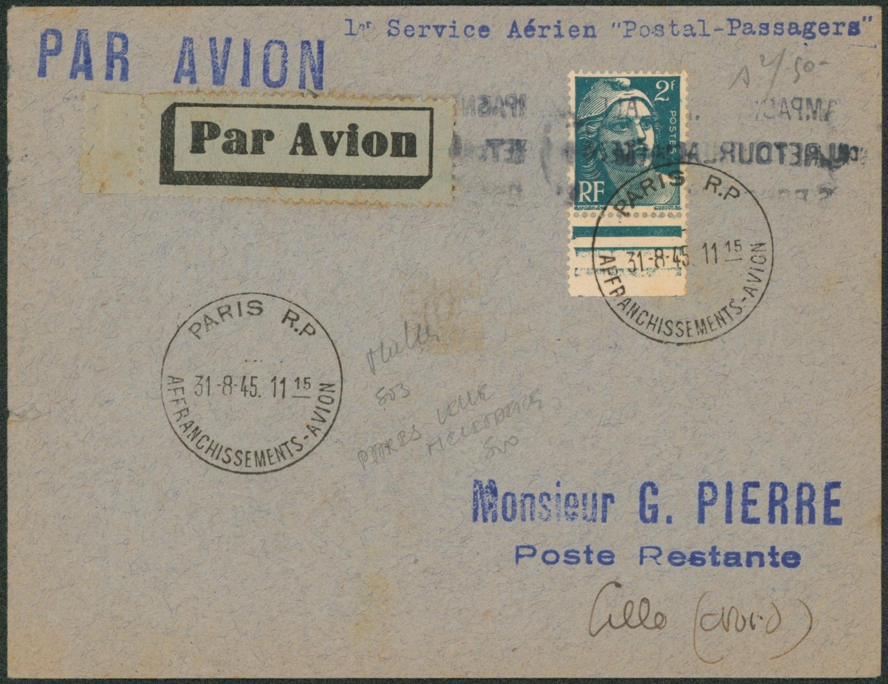 Yv n°713 + BDF sur lettre par avion "1er service aérien postal-passagers" + cachet Paris R.P. / Affranchissement-Avion" > Poste restante Lille. "