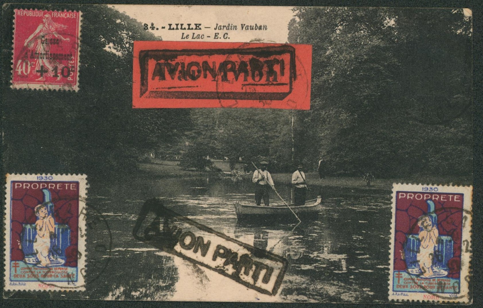 Yv n°266 sur CP vue par avion + griffe encadrée AVION PARTI, de marseille (gare) > Rome (Italie) + vignette antituberculeux. 