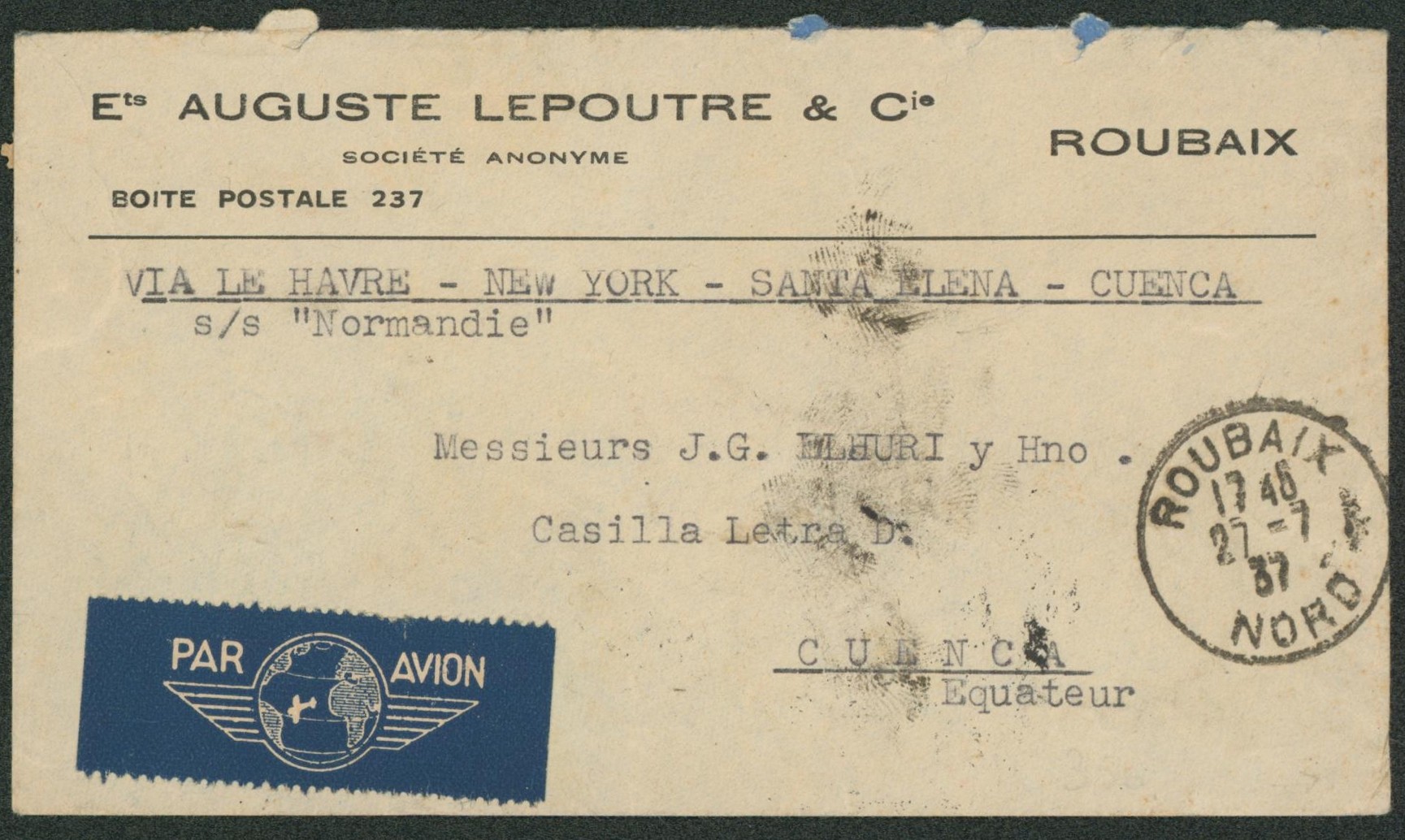 Yv n°302 x2 et 334 x2 au verso d'une lettre par avion de Roubaix > Cuenca (Equateur) via S.S. Normandie