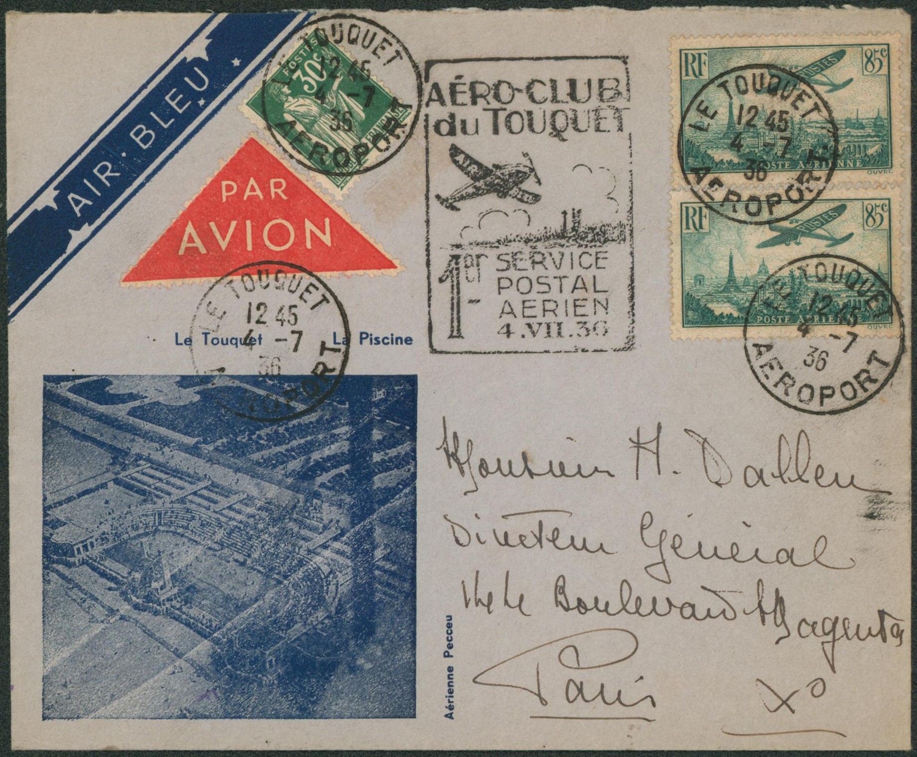Yv n°280 + PA8 x2 sur lettre par avion "aéro-club du touquet / 1er service postal aérien 4/7/36" > Paris. "