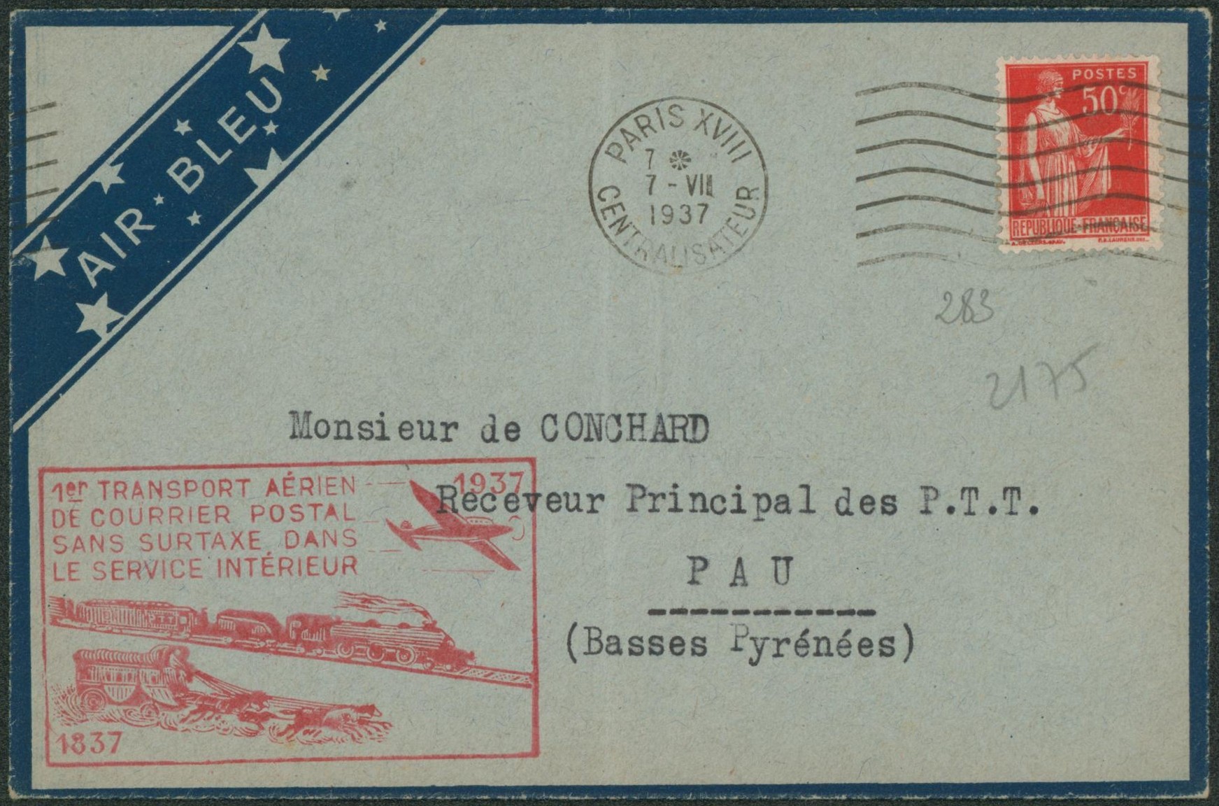 Yv n°283 sur lettre par avion "1er transport aérien de courrier postal sans surtaxe dans le service intérieur" de Paris XVIII > Pau "