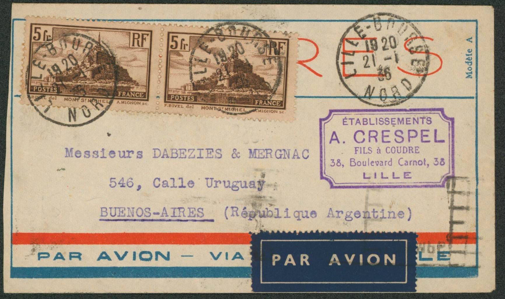 Yv n°260 en paire sur lettre par avion de Lille > Buenos Aires (Argentine)