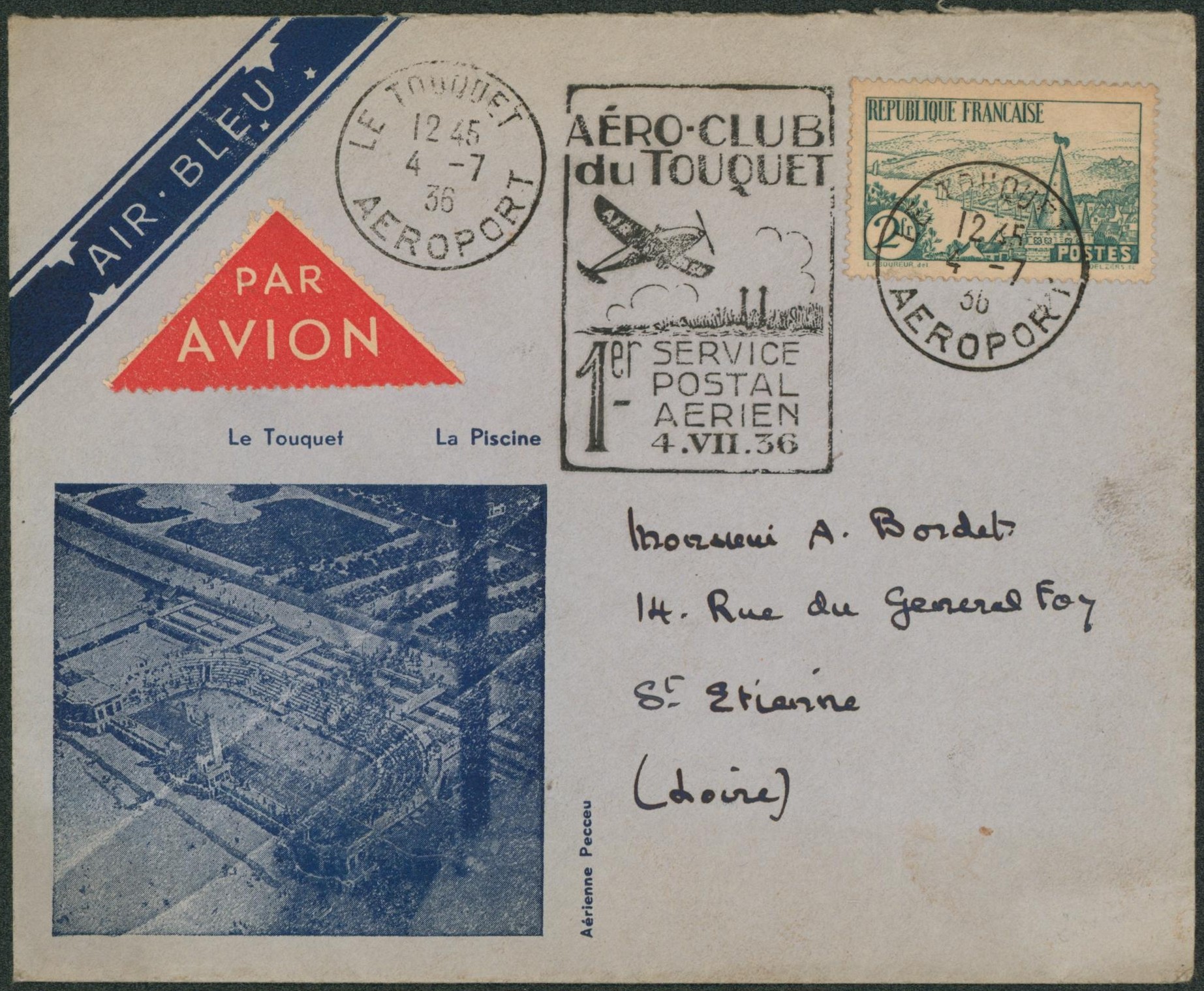 Yv n°301 seul sur lettre par avion "aéro-club du touquet / 1er service postal aérien 4/7/36" > St-Etienne "