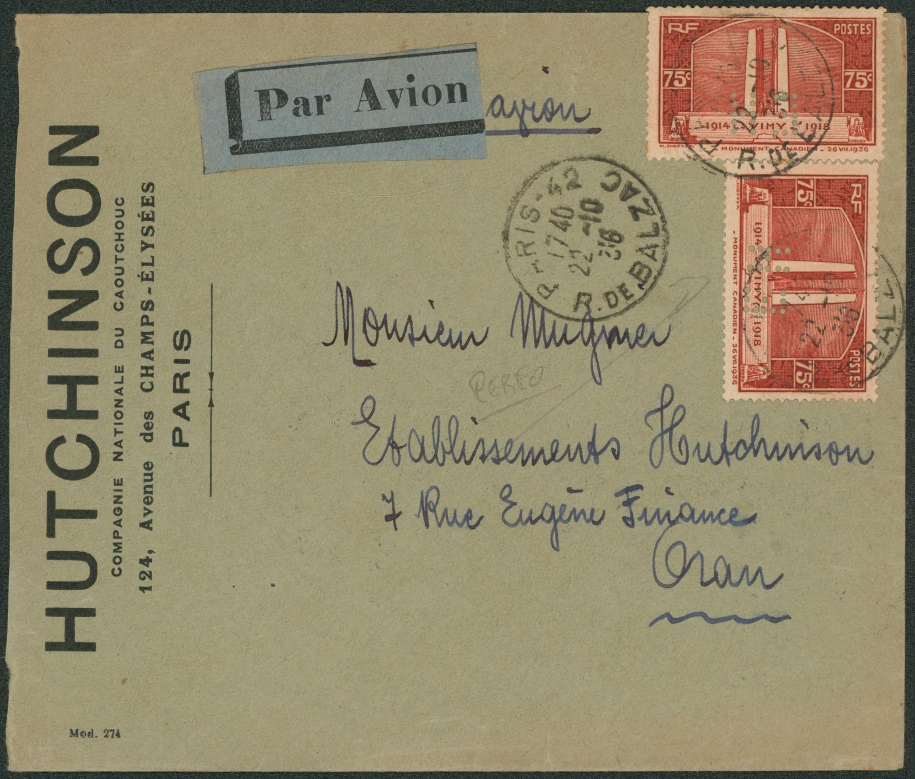 Yv n°316 x2 sur lettre par avion + perforation de firme (Hurchinson) de Paris > Oran (Algérie)