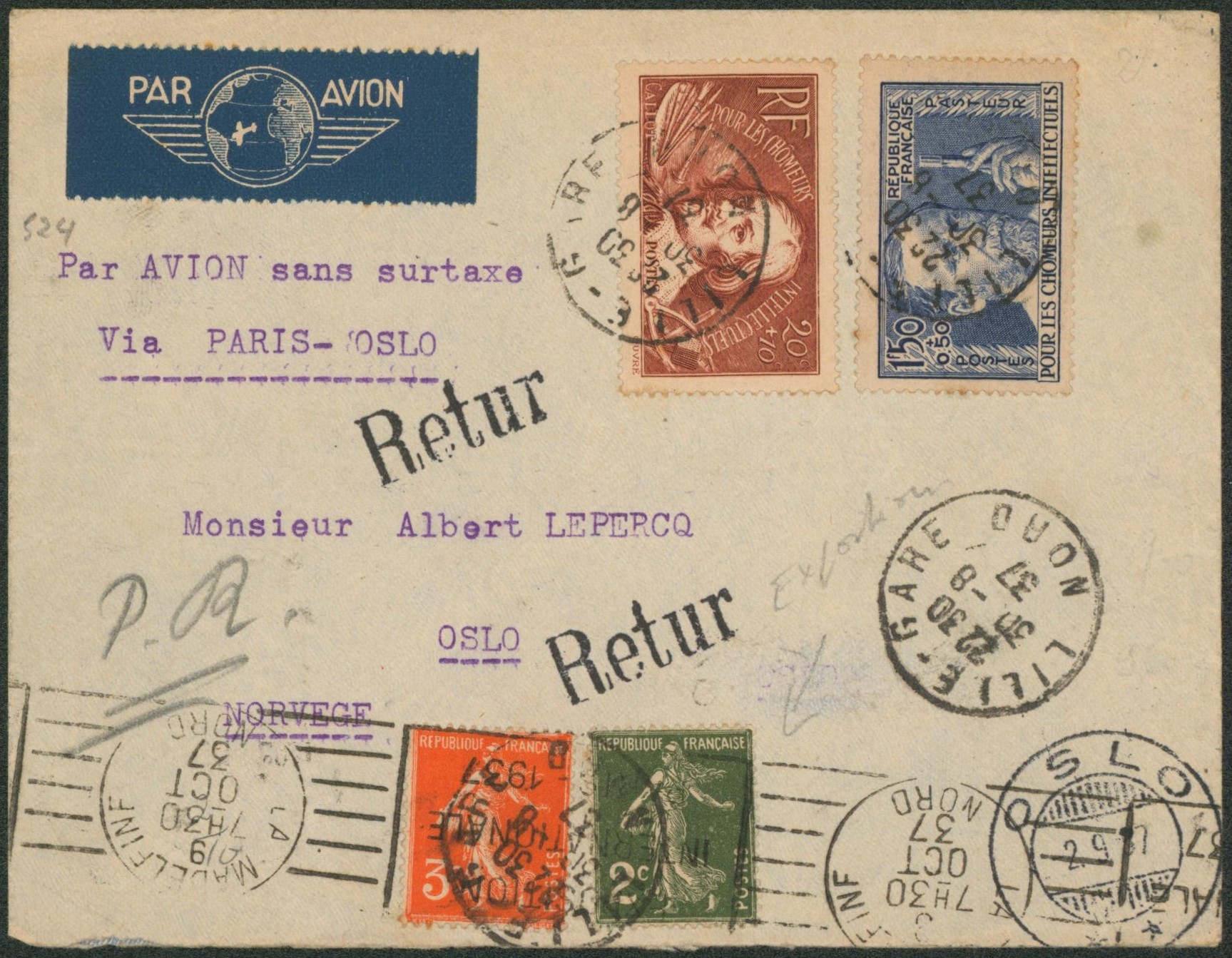 France - Affranch. Mixte sur lettre par avion sans surtaxe de Lille-Gare > Oslo (Norvège) + griffe noir RETUR (retour) 