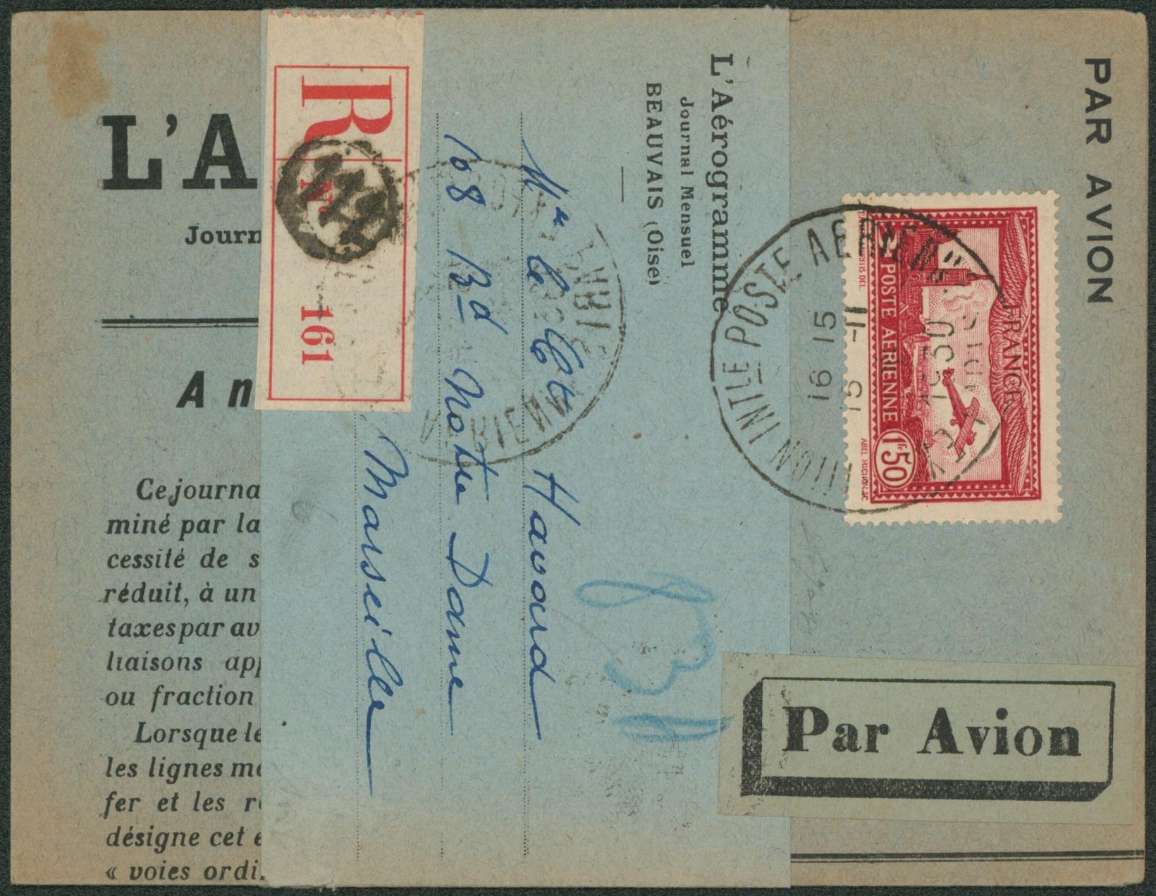 France - Affranch. Mixte sur manchon complet + imprimé (L'aérogramme journal mensuel) expédié de en recommandé par avion de l'exposition de Paris > Marseille 