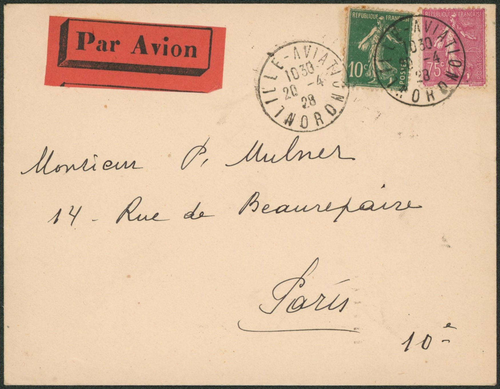 Semeuse - 10c + 75c sur lettre par avion de Lille-aviation (cachet temporaire) > Paris 