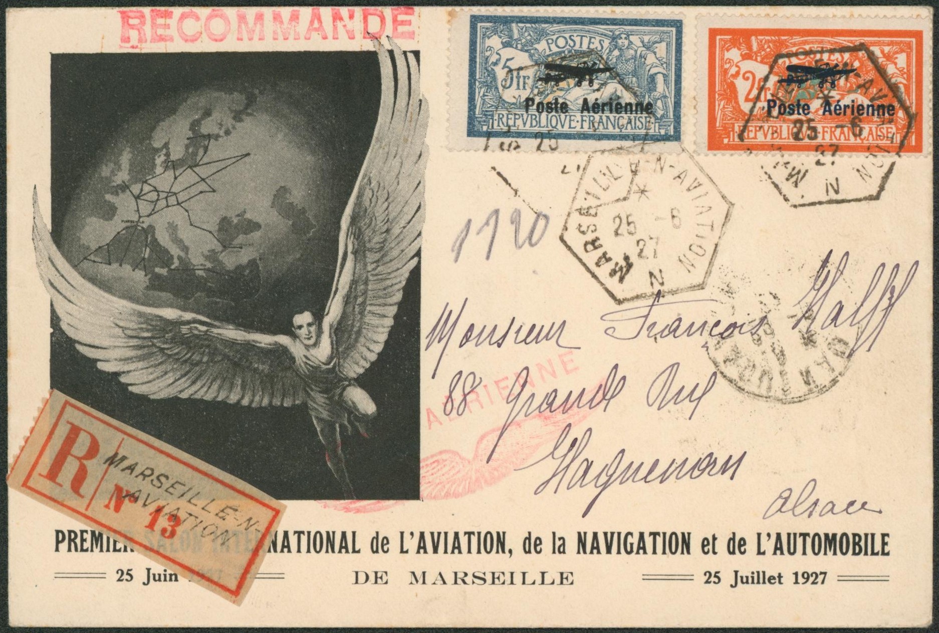 France - PA1/2 sur lettre illustrée (premier salon international de l'aviation, Marseille 1927) en recommandé "Marseille-aviation" > Haguenau"