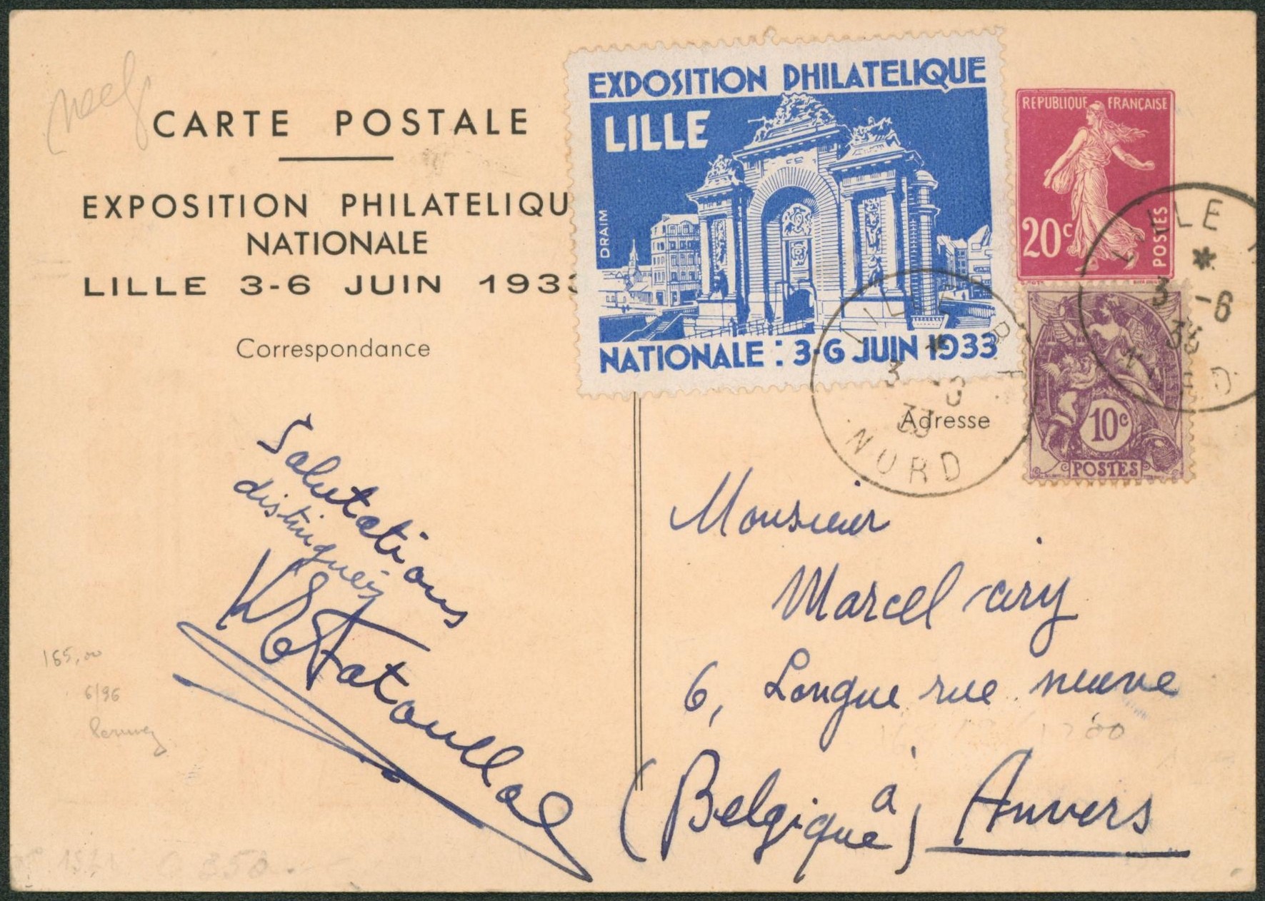 EP au type carte postale illustrée 20ctm semeuse "exposition philatélique de Lille 1933" voyagée çàd 10ctm + vignette de Lille > Anvers (Belgique)"