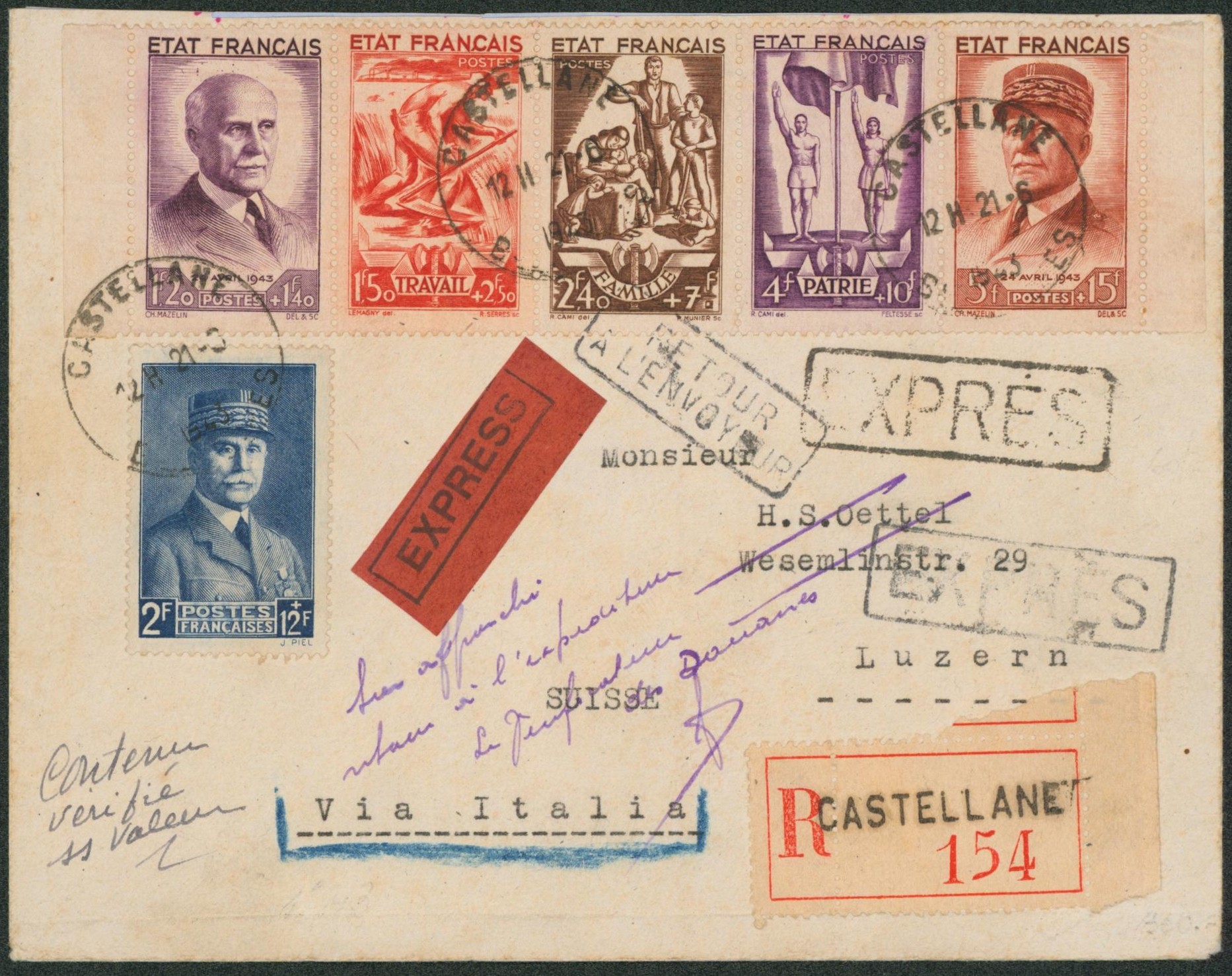 France - Affranch. Mixte sur lettre en recommandé / expres de Castellane > Luzerne (Suisse) via Italie. Retour à l'expéditeur, le vérificateur des douanes. 