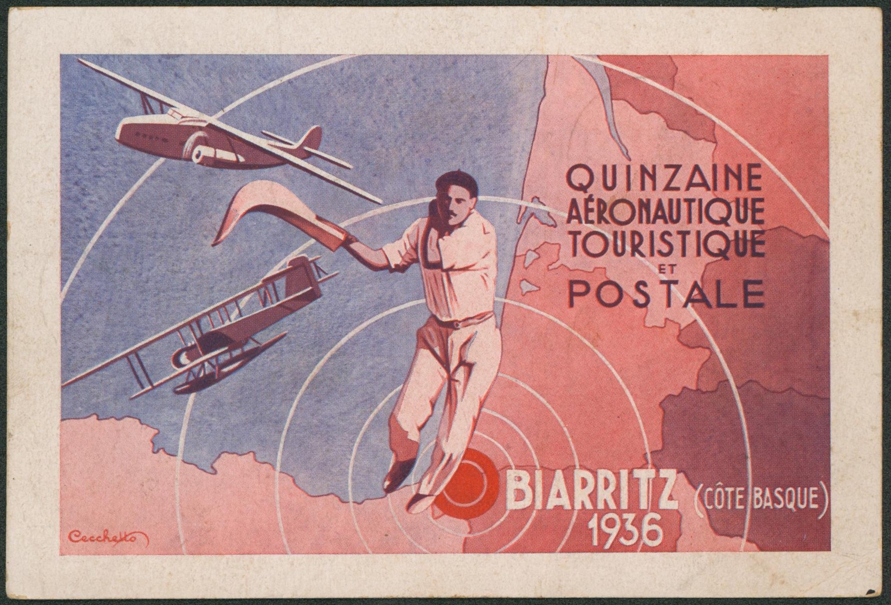Carte postale propagande aéronautique - Quinzaine aéronautique Biarritz voyagé + vignette > Paris