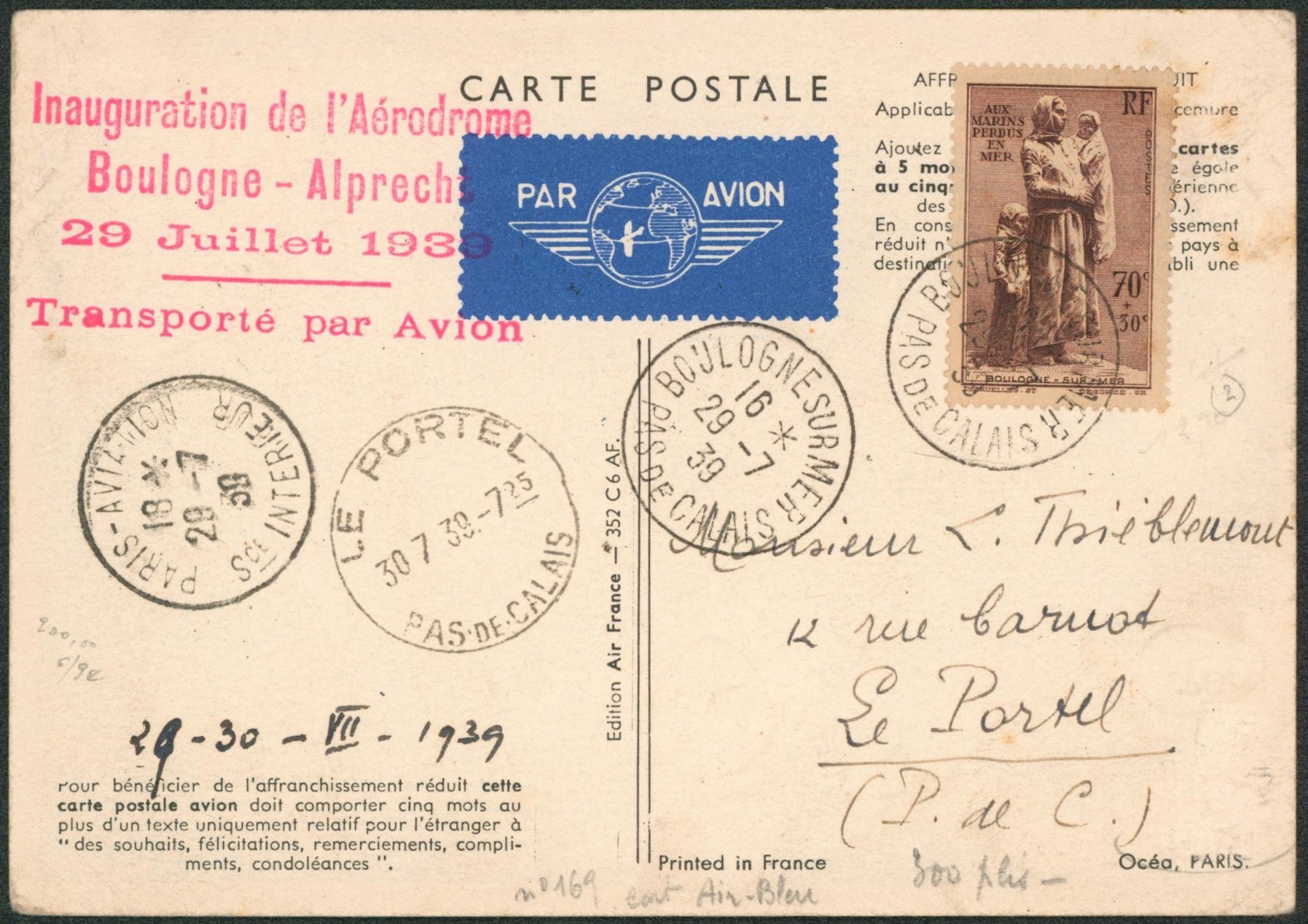 Carte postale propagande aéronautique - AIR France inauguration de l'aérodrome Boulogne-Alprecht transporté par avion > Le portel