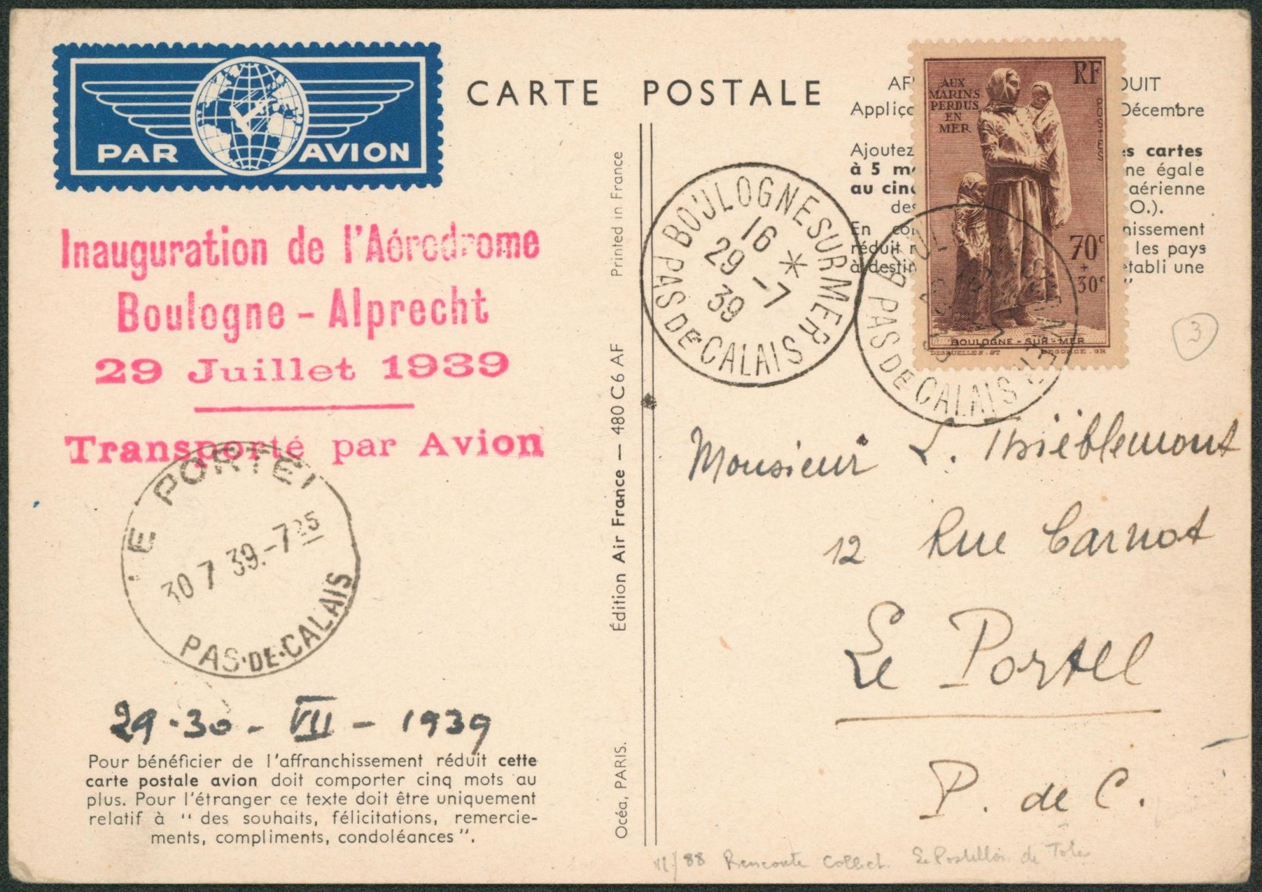 Carte postale propagande aéronautique - AIR France inauguration de l'aérodrome Boulogne-Alprecht transporté par avion > Le portel