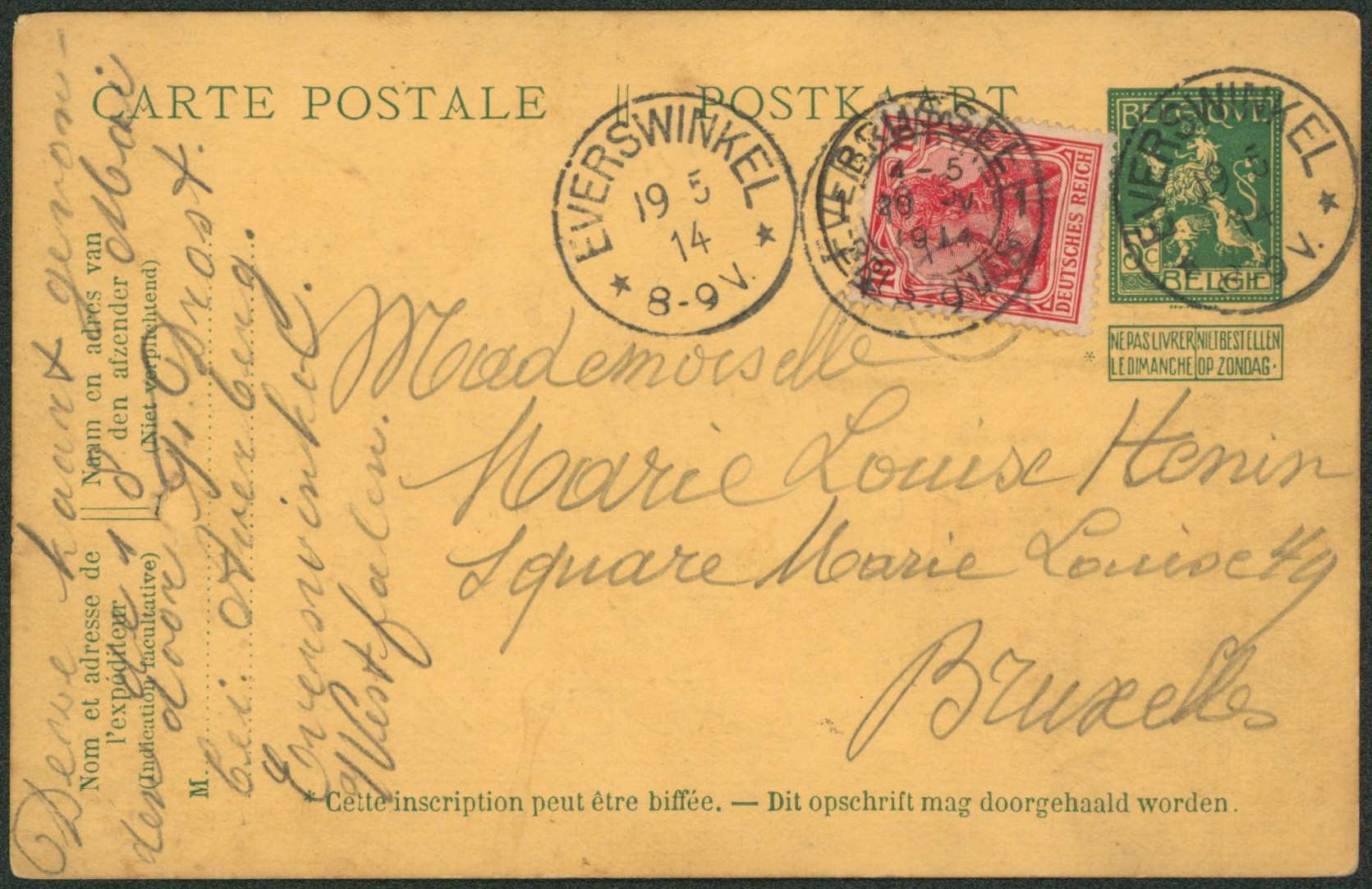 EP au type 5ctm vert Pellens utilisé en Feldpostkarte + 10Pf rouge expédié de Everswinkel > Bruxelles / Texte