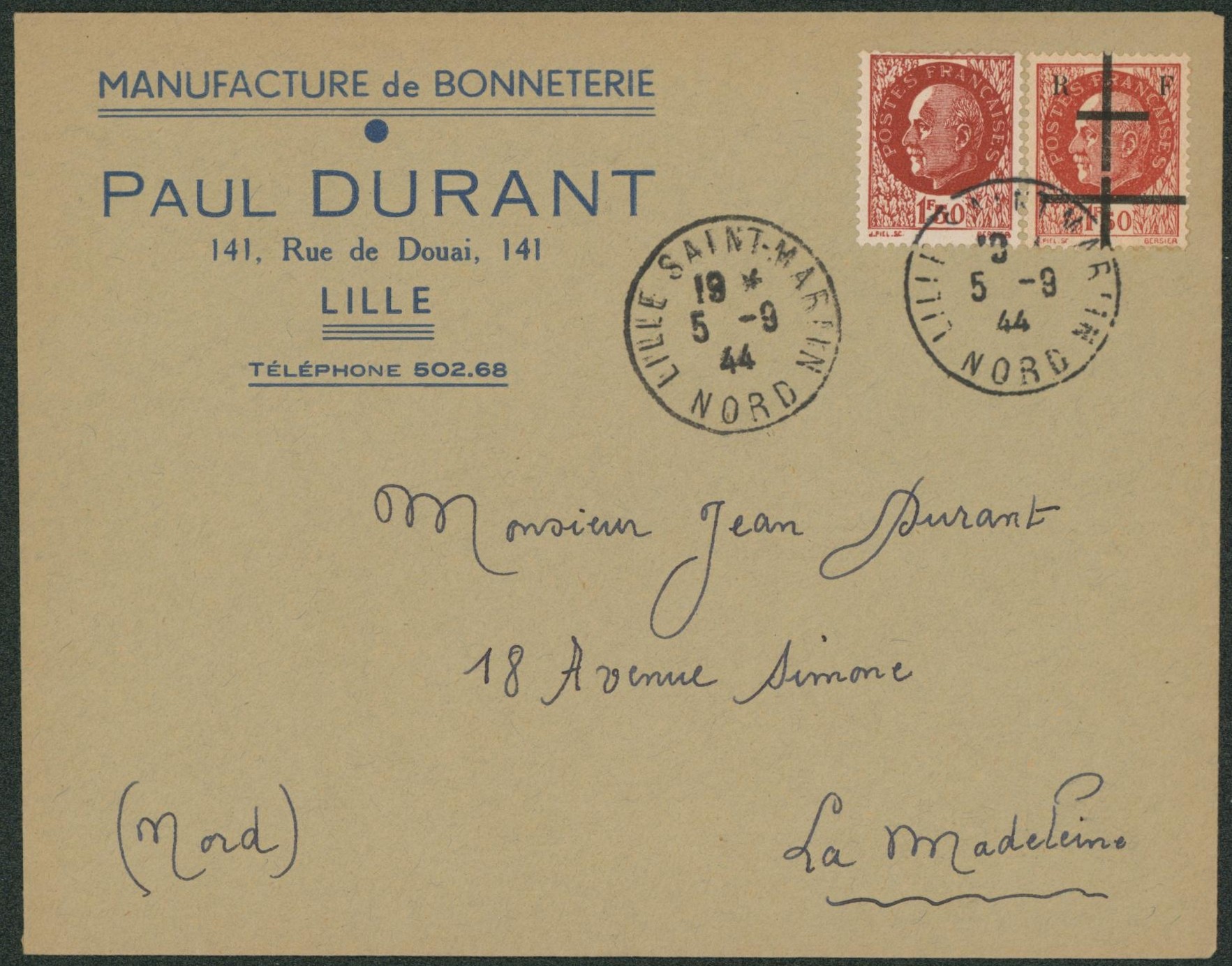 France Libération - Pétain surcharge de Lille sur lettre à en-tête (manufacture de bonneterie) expédié de Lille-saint-marin / Nord > La madeleine