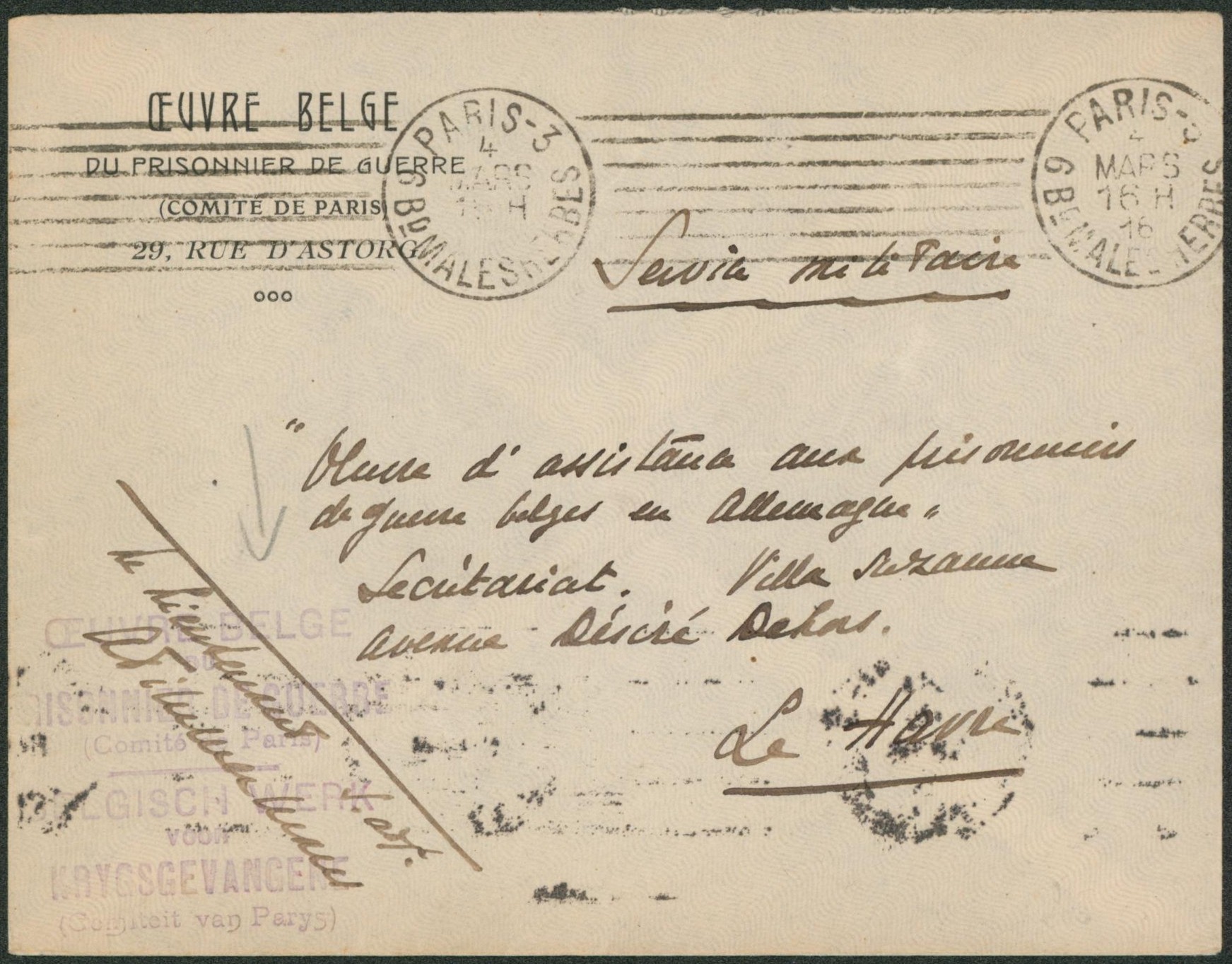 Lettre "?uvre belge du prisonnier de guerre (comité de Paris)" expédié de Paris en service militaire > Le havre. Signé le lieutenant"