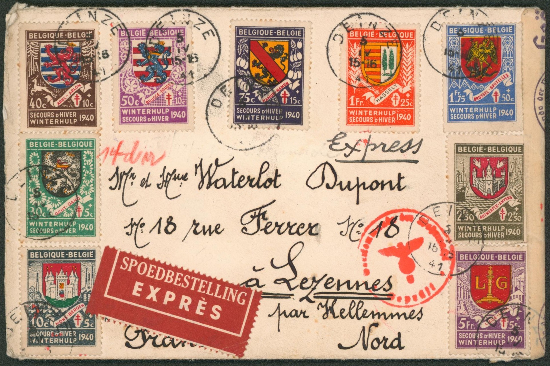 Secours d'hiver - bel affranchissement coloré sur lettre en expres de Deinze + censure > Lezennes (Nord, France)