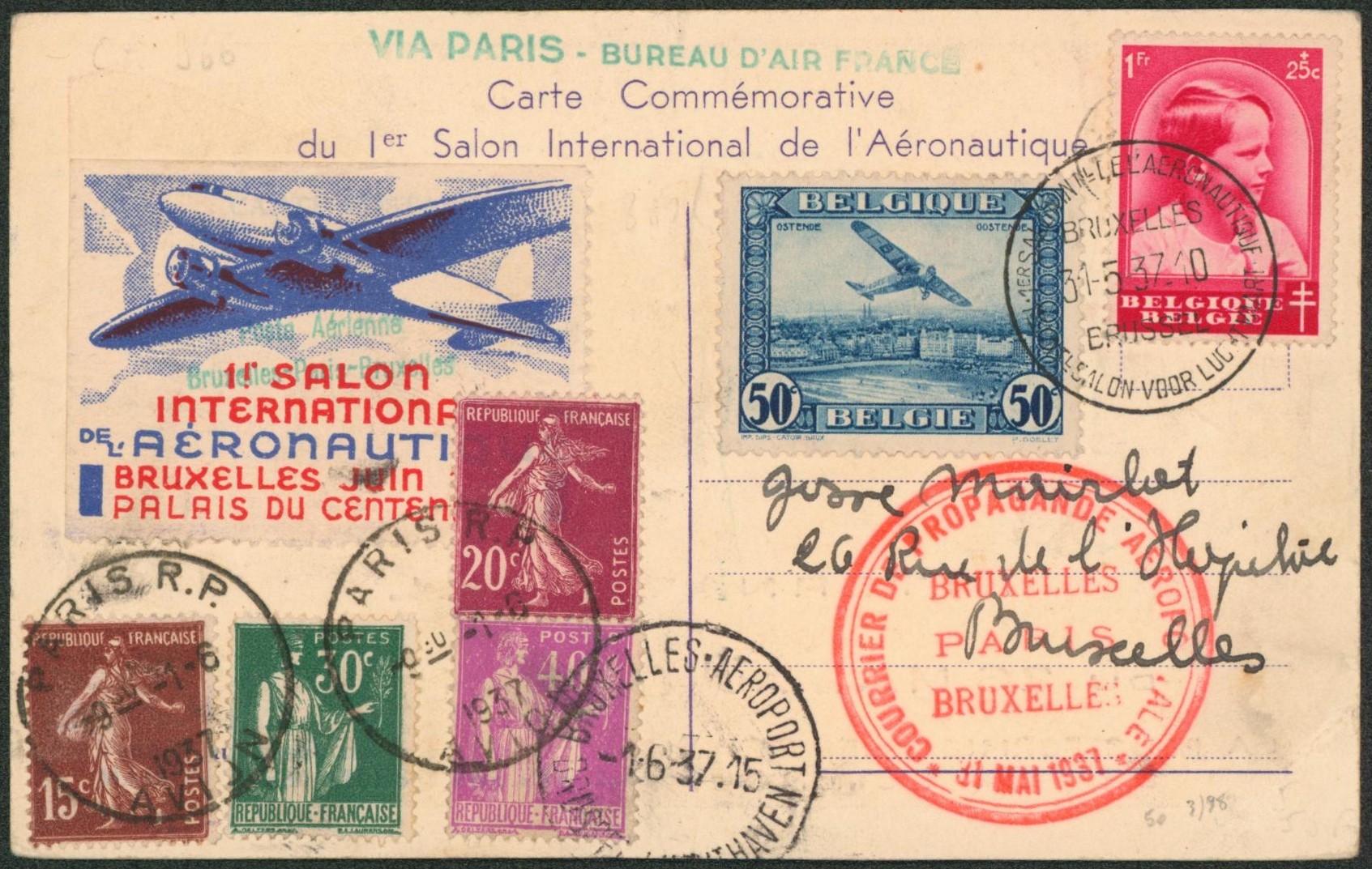 Carte commémorative du premier salon de l'aéronautique çàd Bruxelles + vignette du salon via Paris > bruxelles