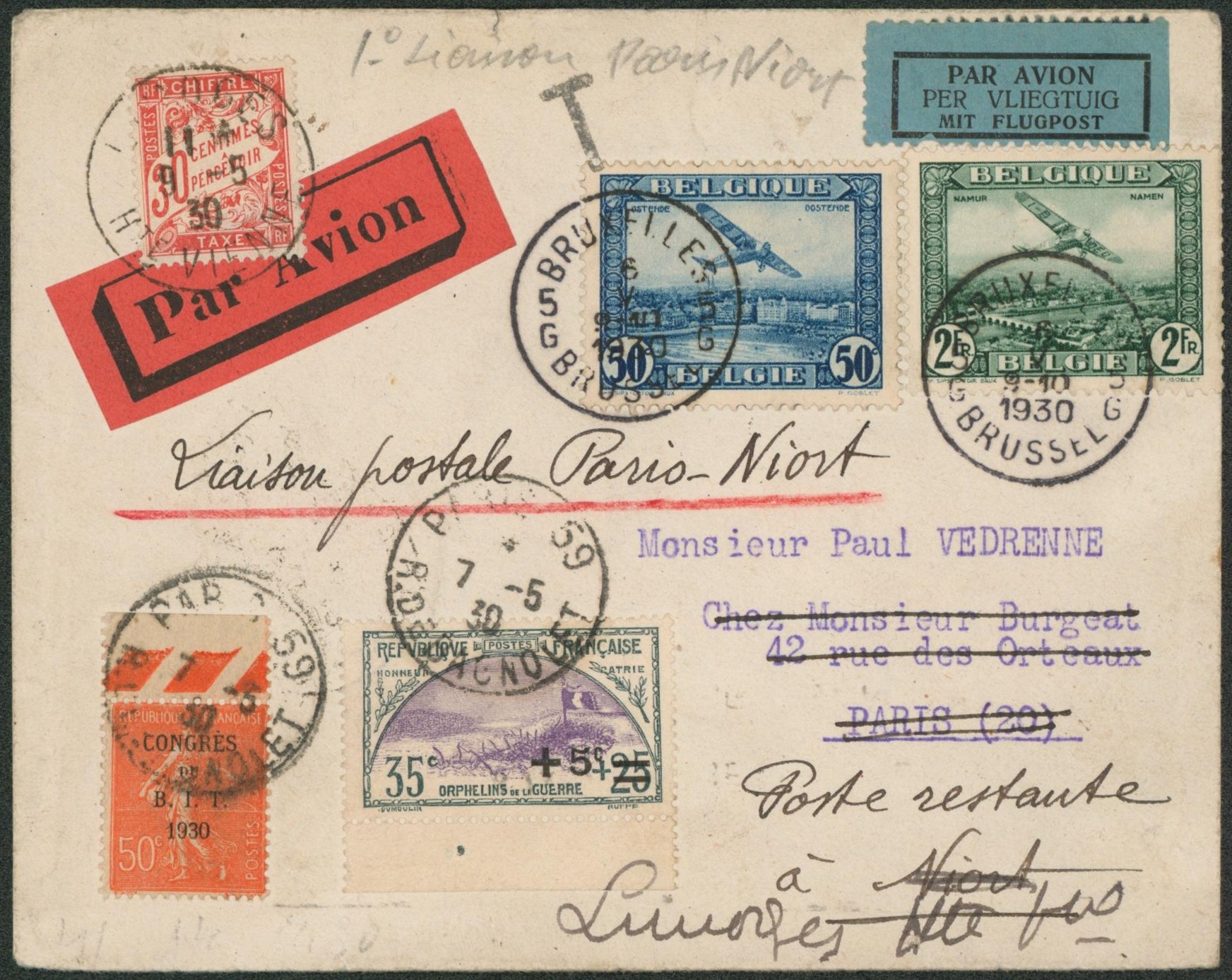 PA1 et PA3 sur lettre par avion de Bruxelles > Paris réexpédié + Affranch. Complémentaire via Liason postal "Paris-Niort" > poste restante à niors redirigé vers Limoges et taxé à 30ctm. Superbe "