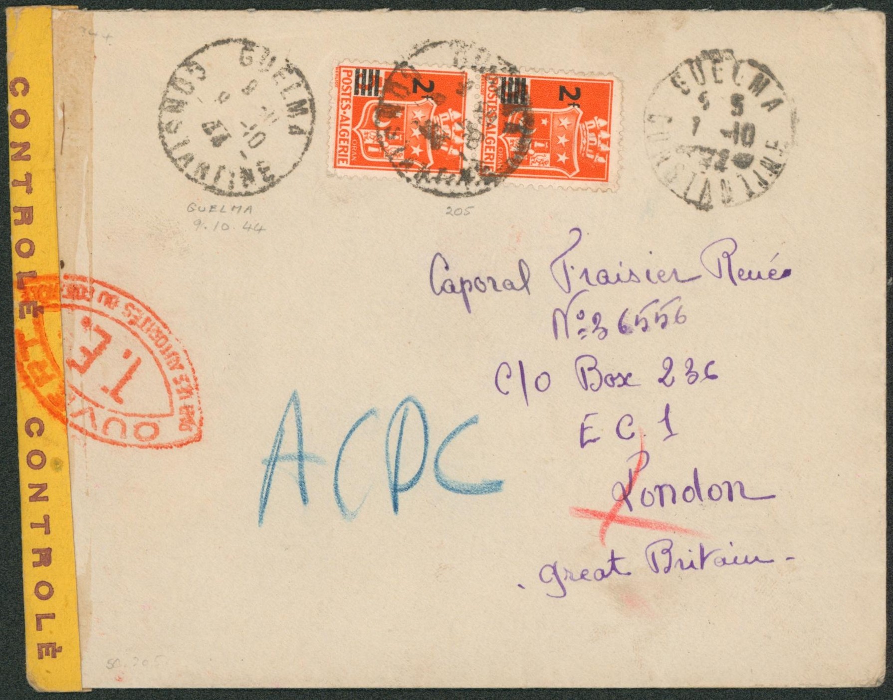 Algérie - Yv n°205 en paire sur lettre expédié de Guelma + bandelette controlé > London (angleterre) 