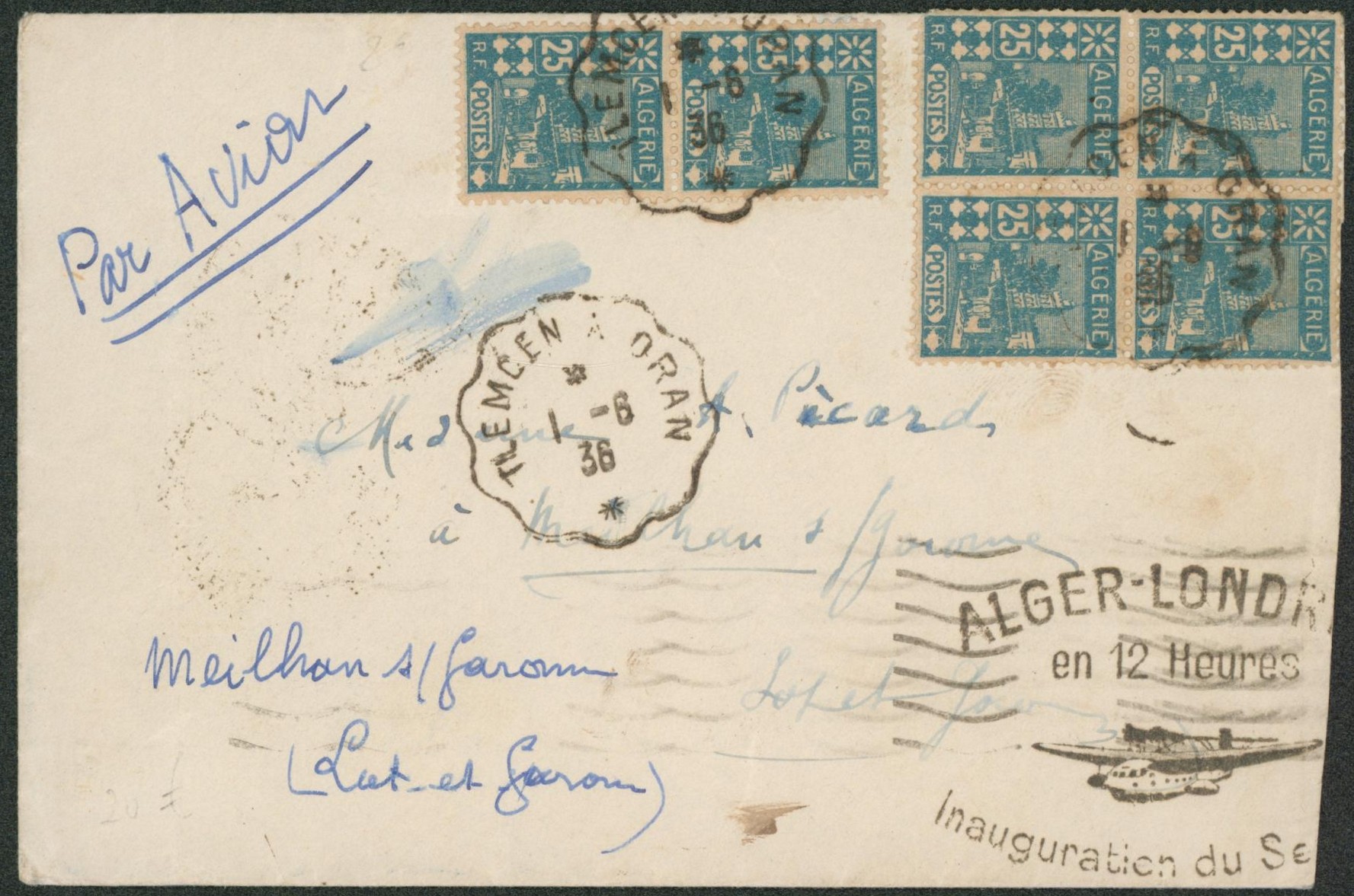 Algérie - 25ctm x6 sur lettre par avion + cachet type convoyeur 'Tlemcen à Oran' > Meilhan-sur-Garonne
