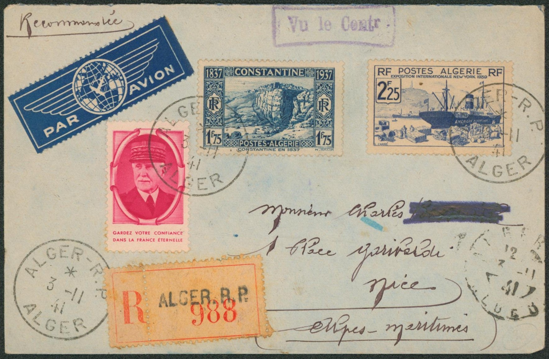 Algérie - Affranch. Mixte sur lettre par avion en recommandé de Alger > Nice 