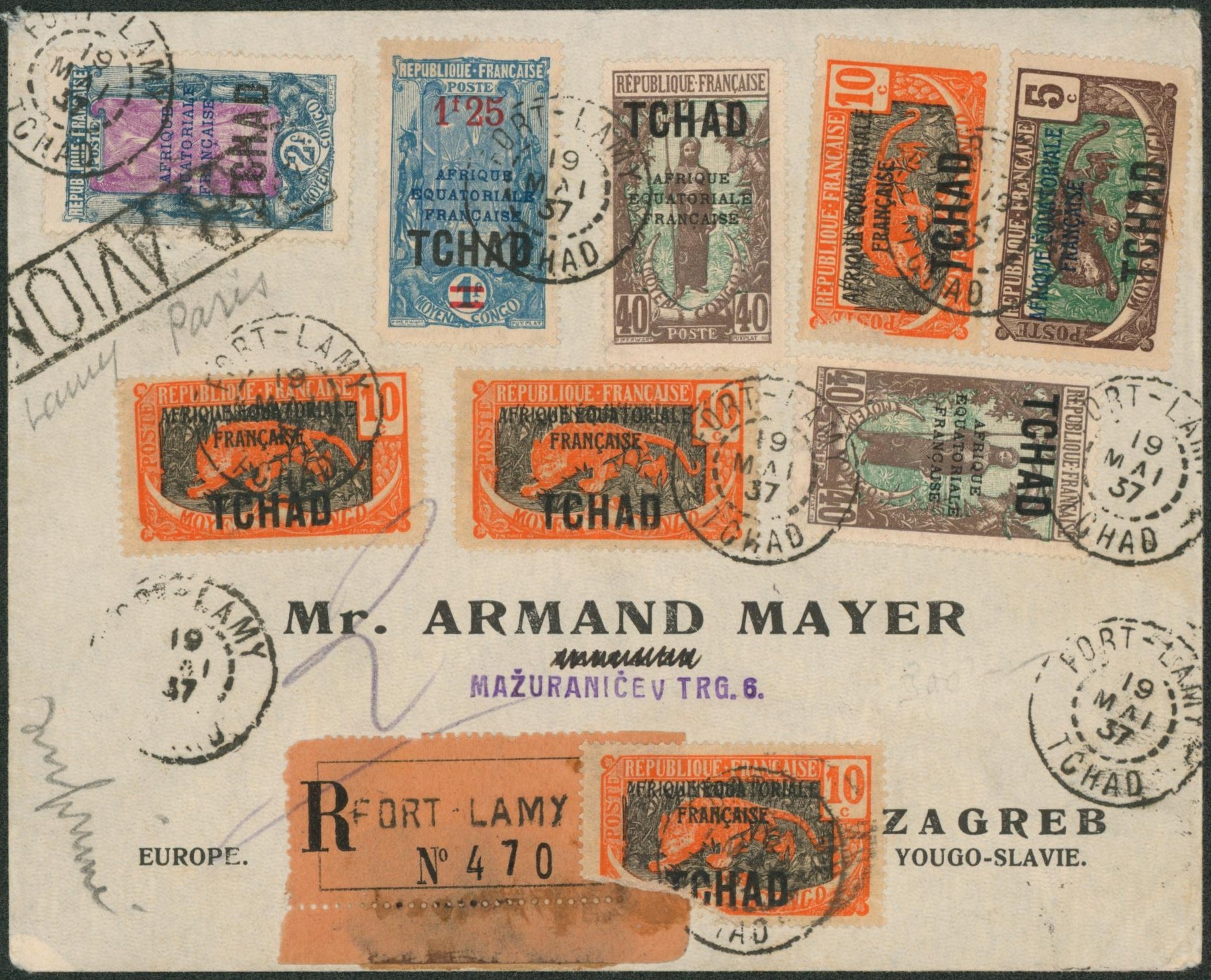 Tchad - bel affranchissement sur lettre en recommandé par avion de Fort-Lamy (19/5/37) > Zagreb (yougoslavie)