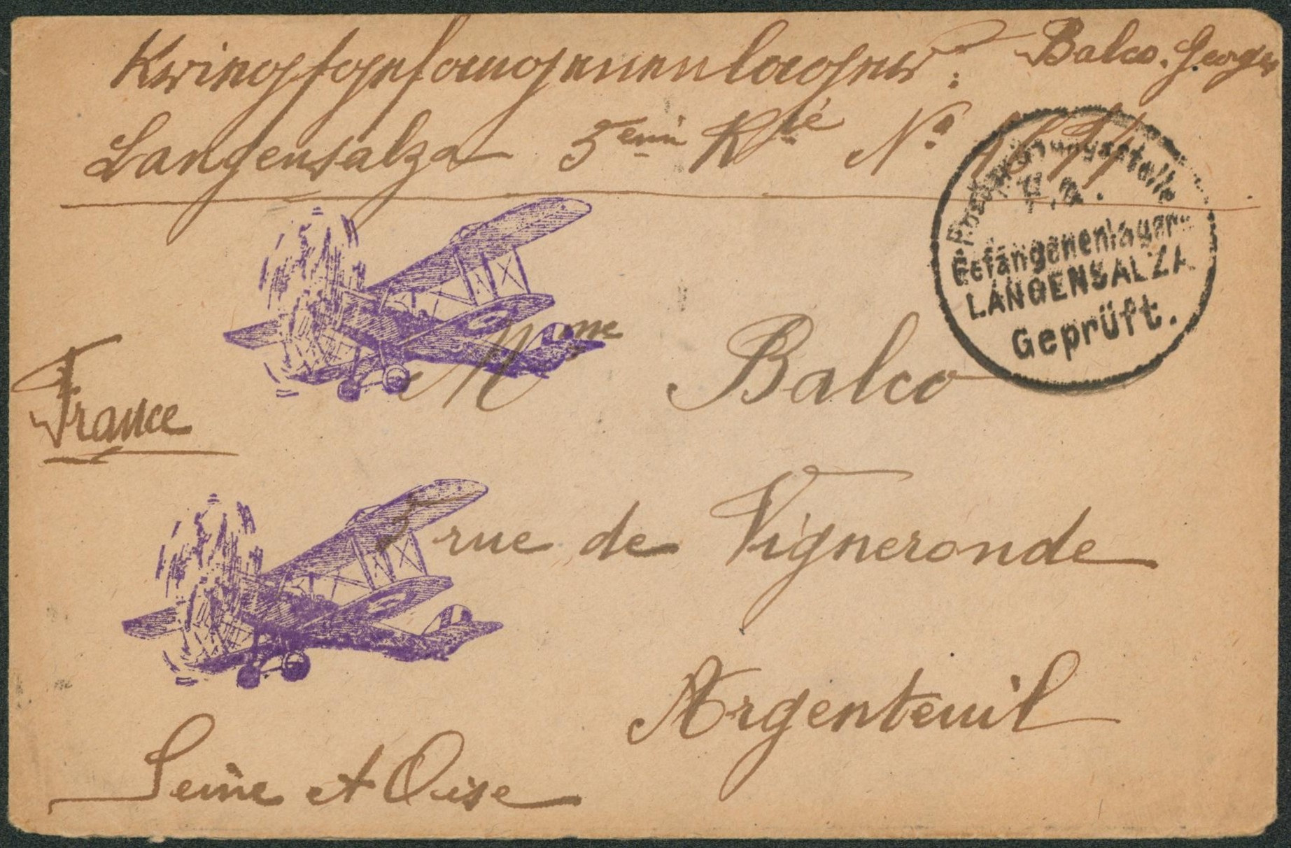 WWI - Lettre décorée (avion) du camp de Langensalza (Thuringe) en feldpost > Argenteuil (France) 