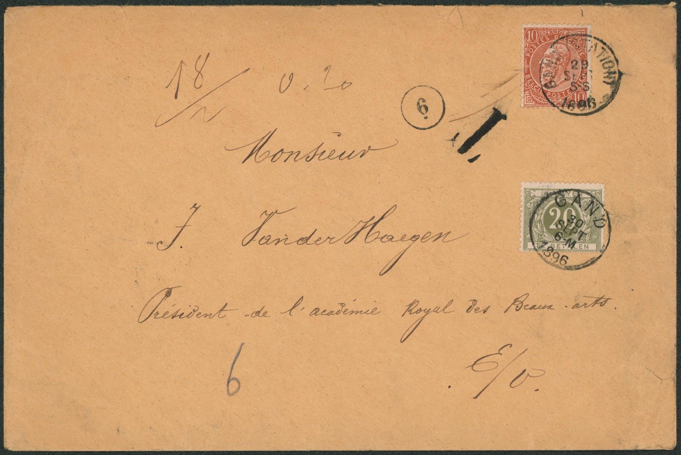 n°57 sur lettre pesante (18g, double port) expédié de Gand (station) > La ville + TX6 /port non respectée, taxée à 20ctm.