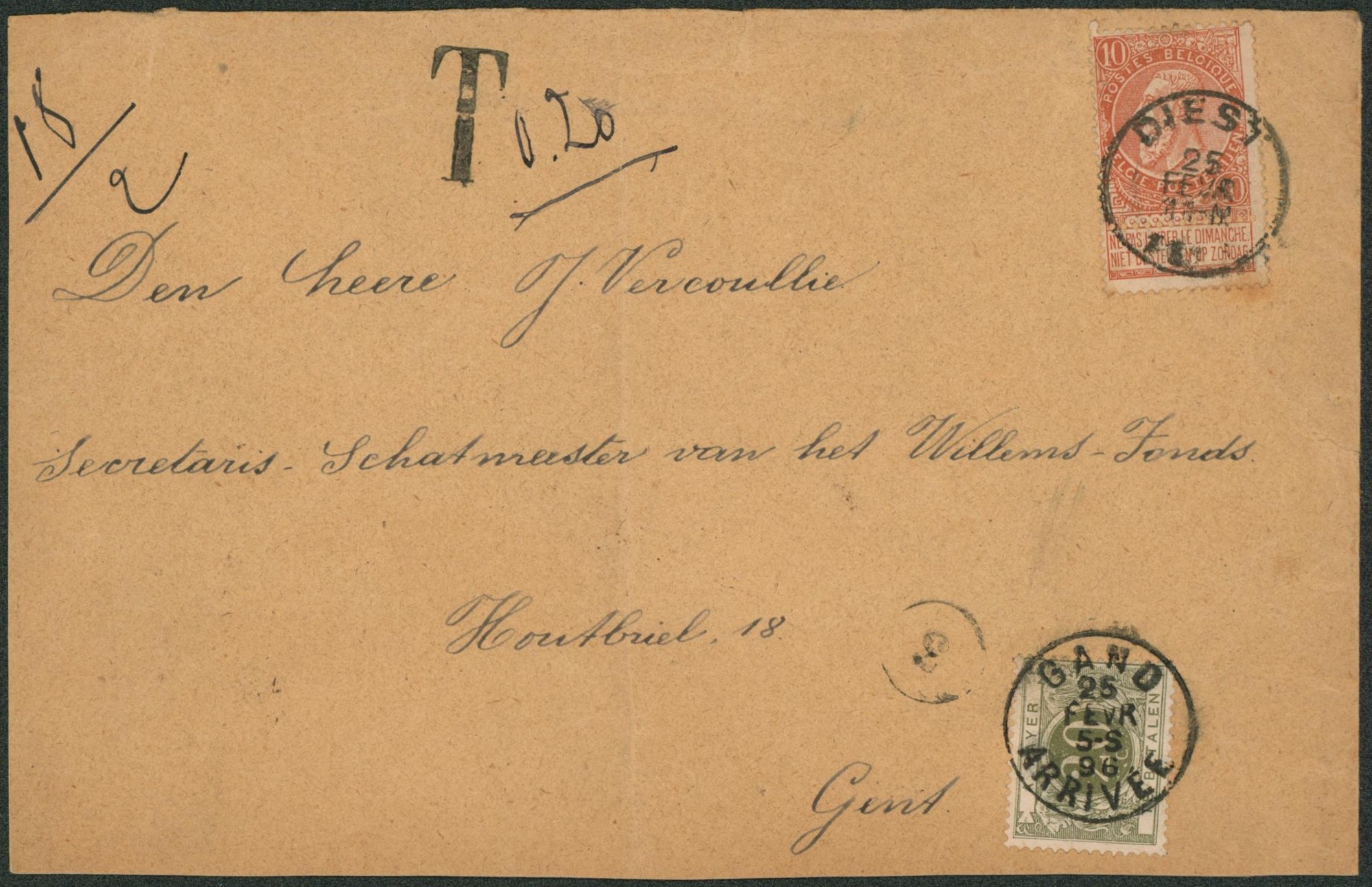 n°57 sur lettre pesante (18g, double port) expédié de Diest  > Gent  + TX6 /port non respectée, taxée à 20ctm.