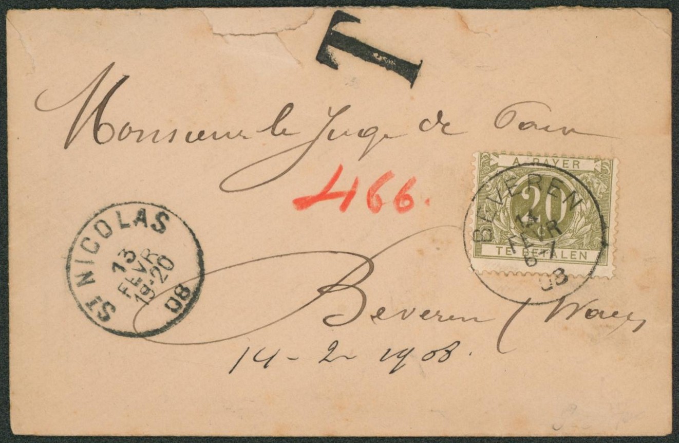 Petite enveloppe non affranchie expédiée de St-Nicolas > Beveren (waes) + TX6