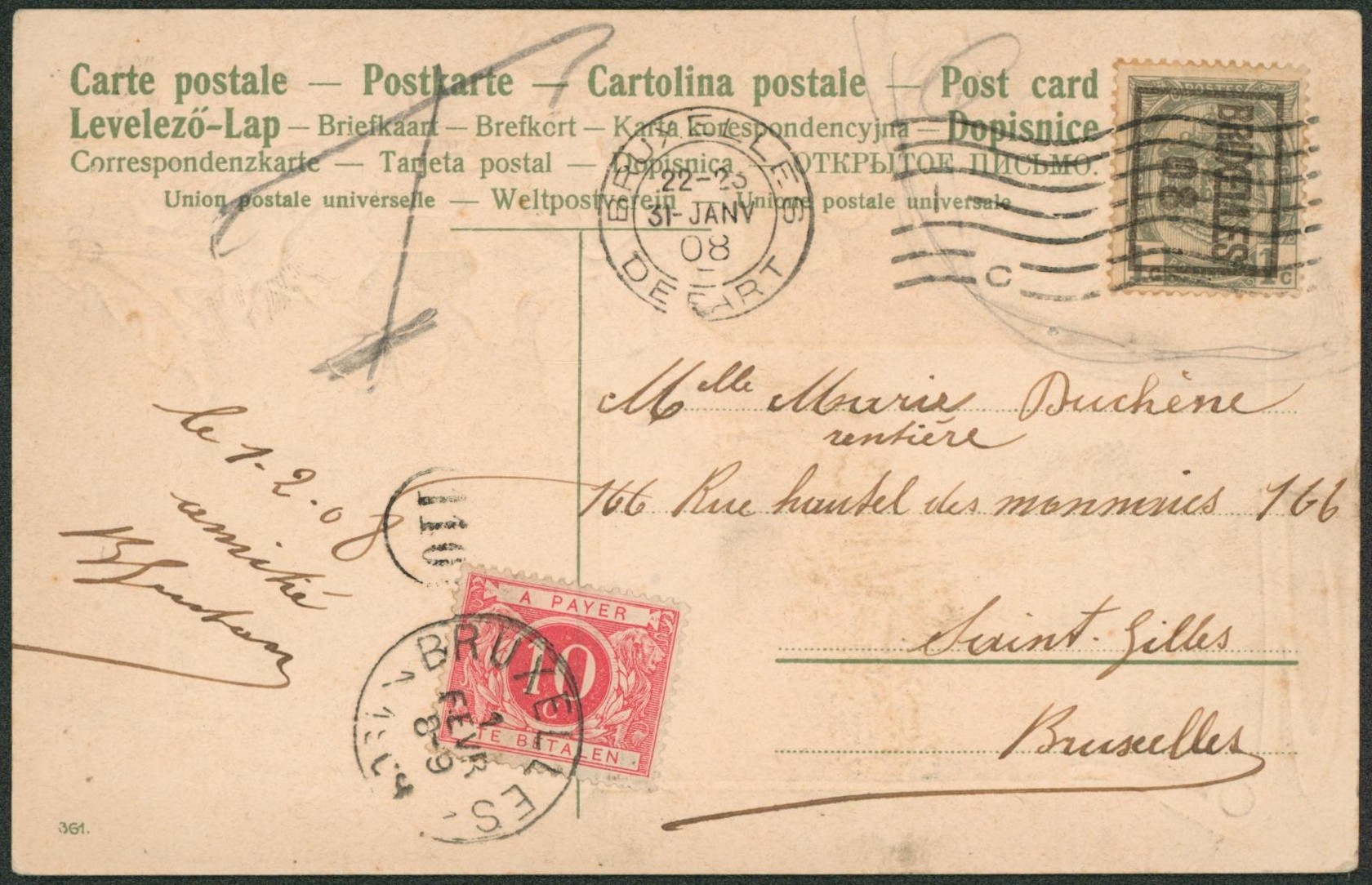 n°81 préo "Bruxelles 08" sur CP en tarif imprimé de Bruxelles > Saint-Gilles + TX5"