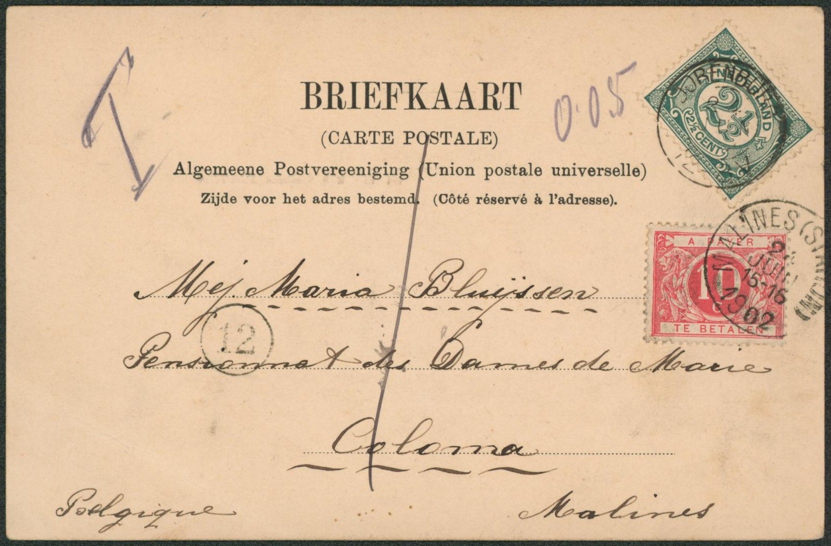 CP en provenance de Doornenburg (Pays-Bas, 1902) > Pensionnat des Dames, coloma (Malines, Mechelen).  + TX5