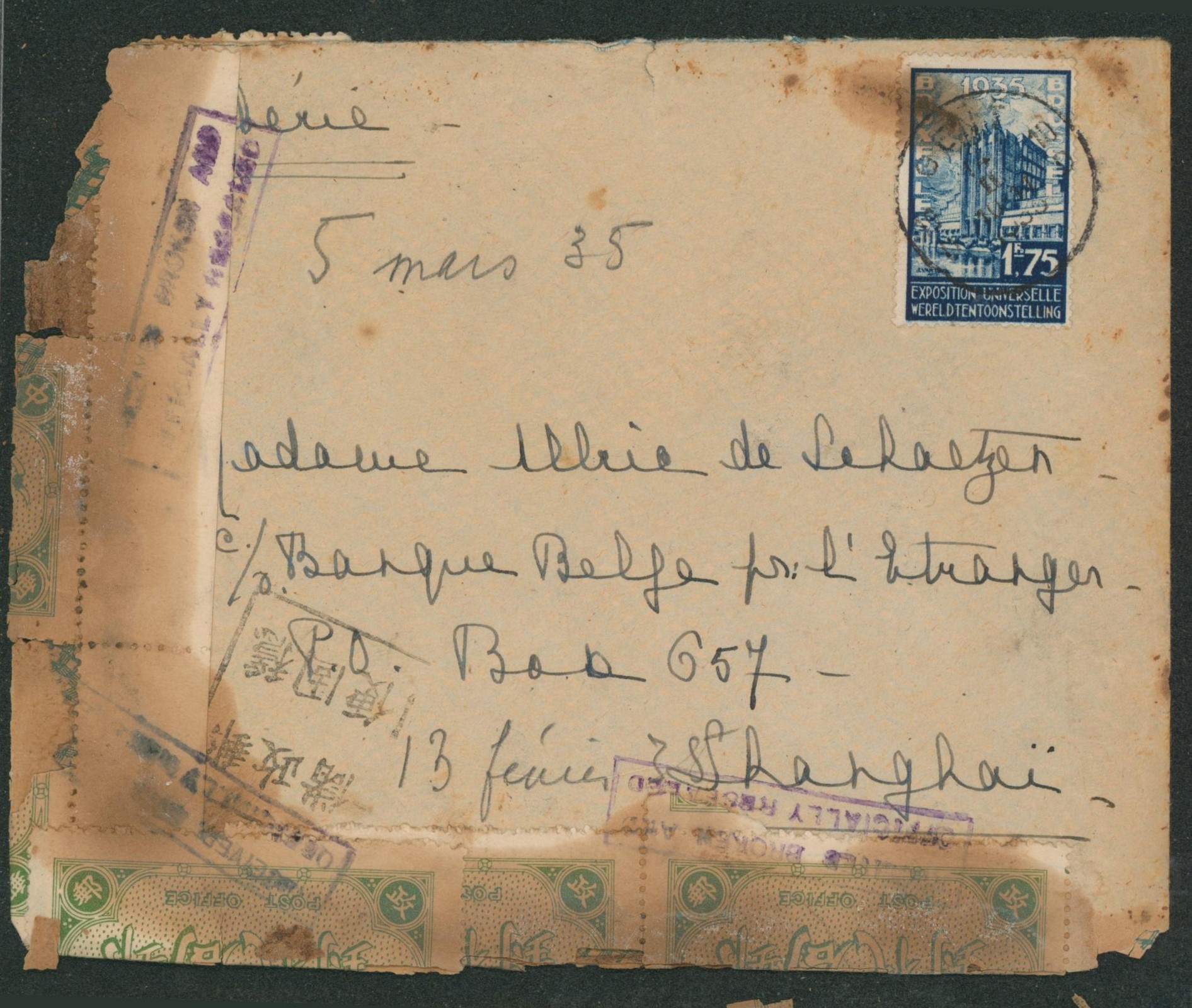 n°389 sur lettre expédiée de Gent (5 mars 1935) via Sibéria > Shangaï (Chine, china) lettre reçue endommagée + griffe recto/verso "receveid broken and officially resealed" + étiquette de fermeture de la poste chinoise. Rarissime."